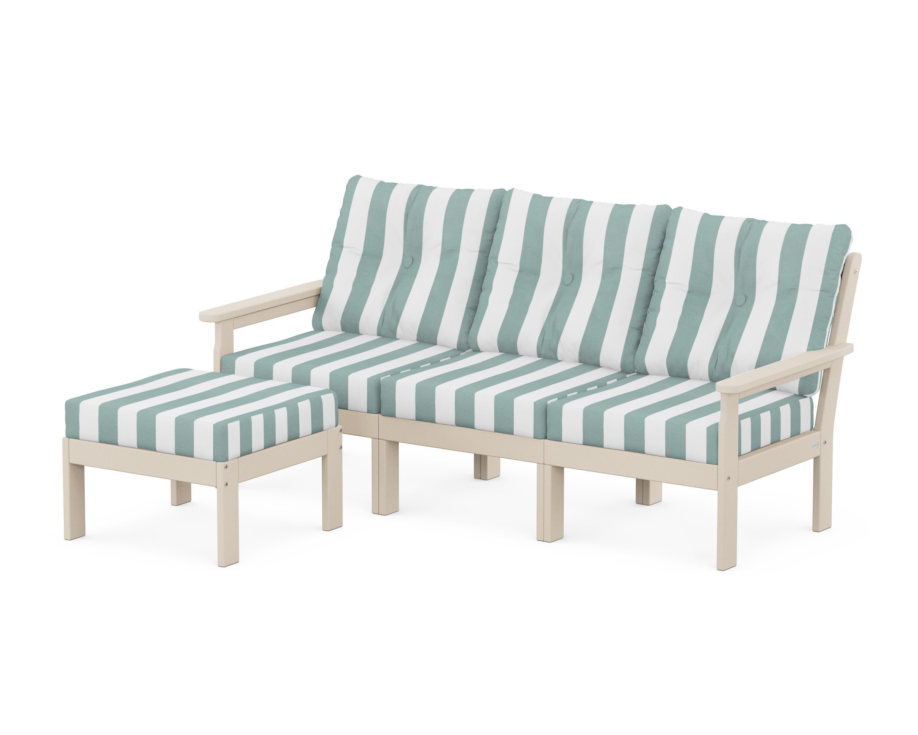 Vineyard 4-Piece Sectional with Ottoman in Sand / Cabana Stripe Glacier Spa