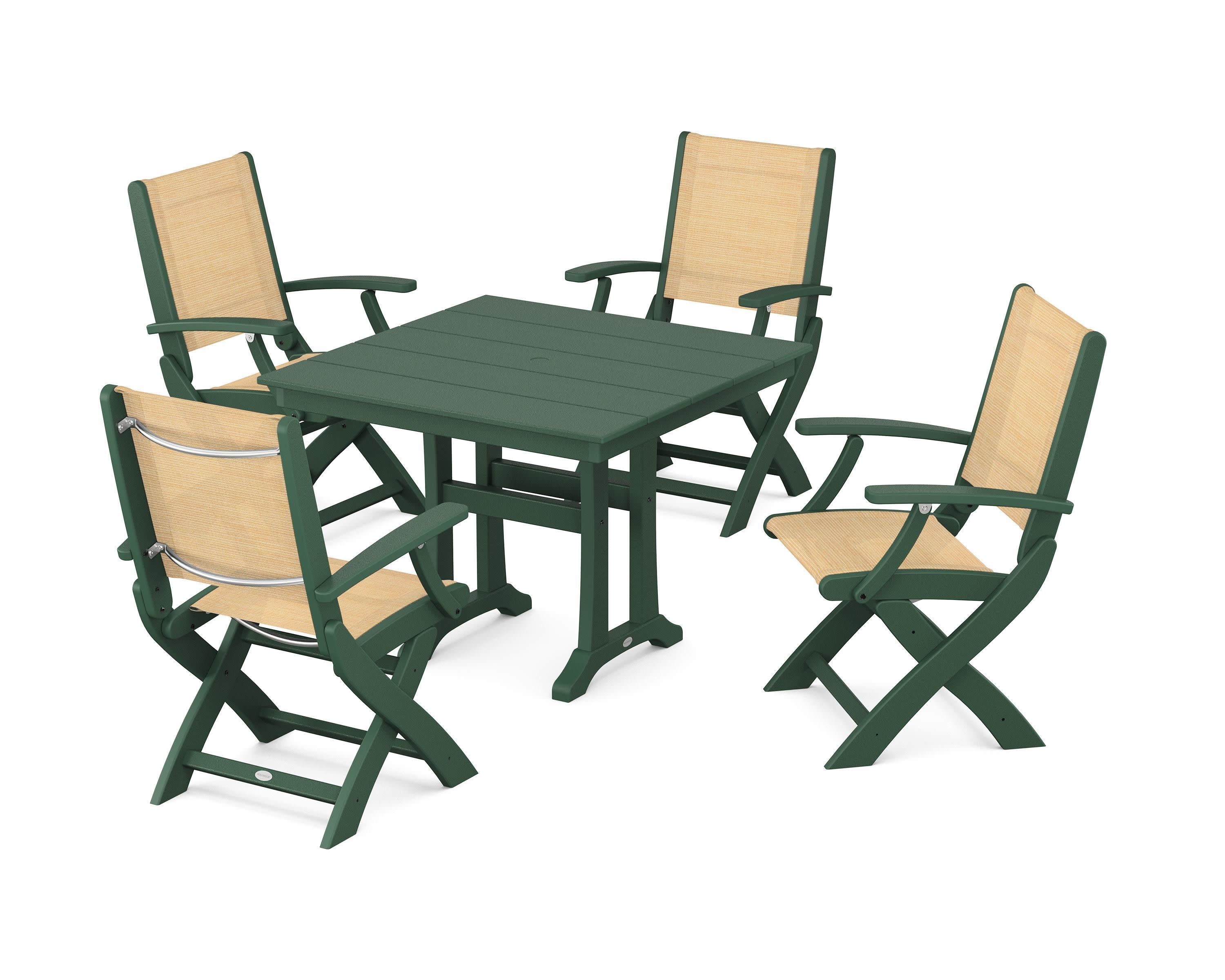 Coastal Folding Chair 5-Piece Farmhouse Dining Set With Trestle Legs in Green / Dupioni Apricot Sling
