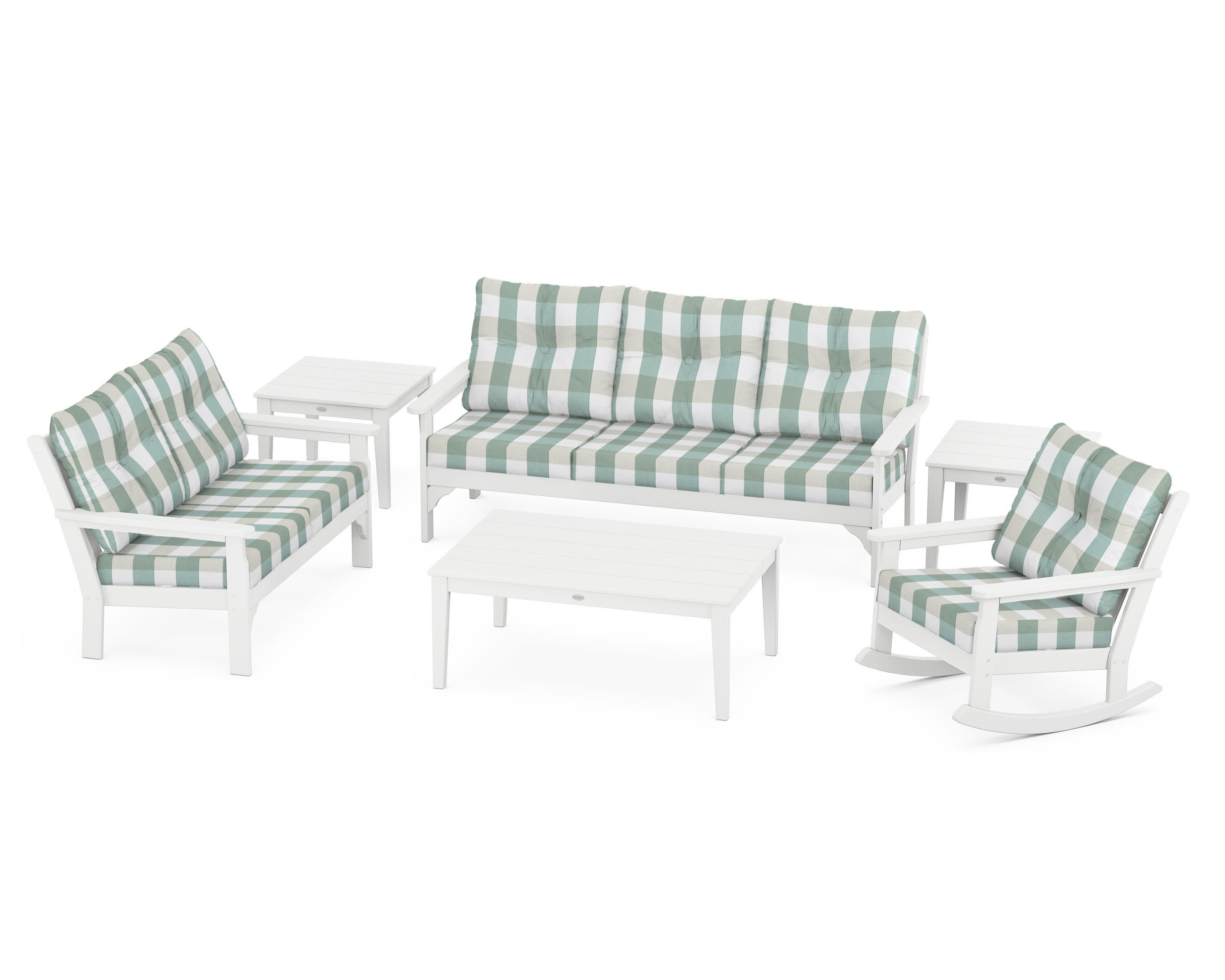 Vineyard 6-Piece Deep Seating Set in White / Buffalo Plaid Glacier Spa