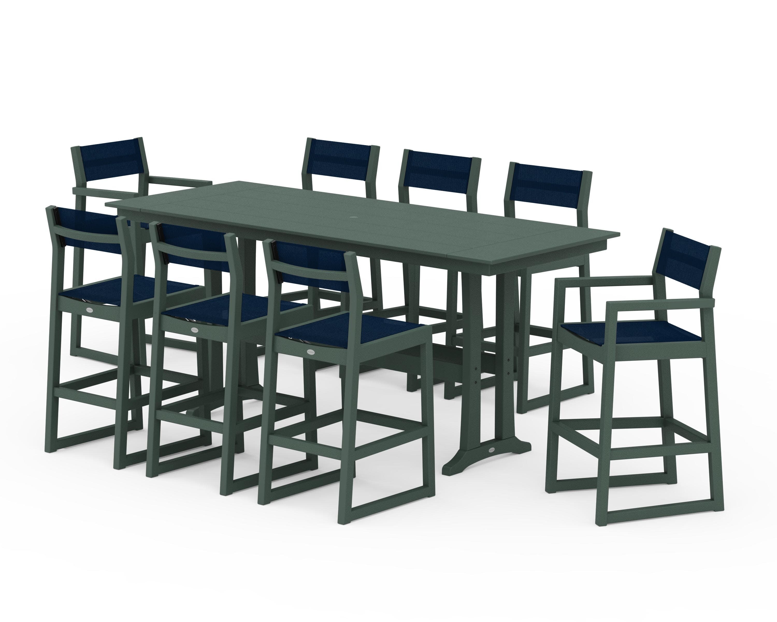 EDGE Sling 9-Piece Farmhouse Bar Set with Trestle Legs in Green / Navy Blue Sling