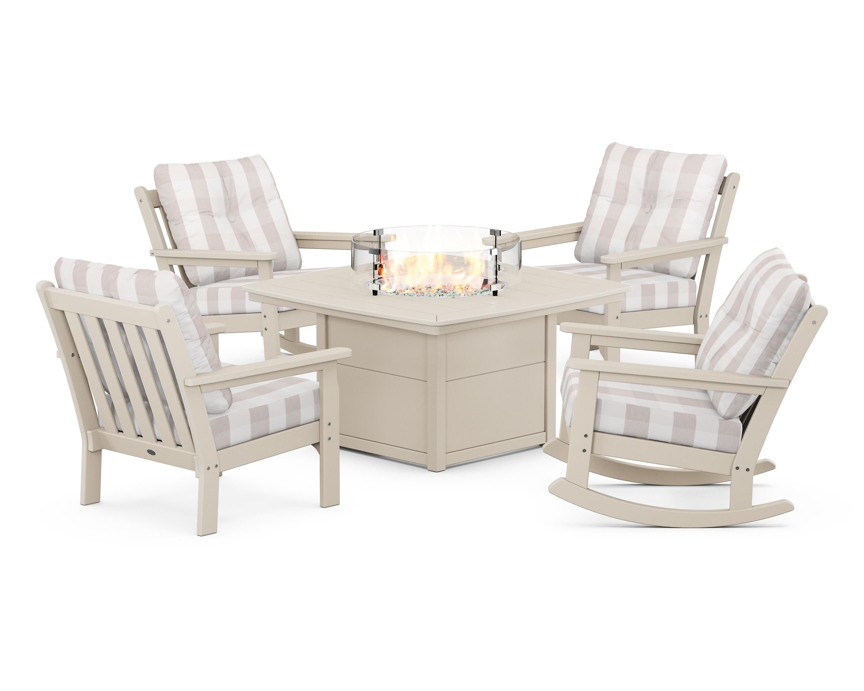 Vineyard 5-Piece Deep Seating Rocking Chair Conversation Set with Fire Pit Table in Sand / Buffalo Plaid Dune Burlap