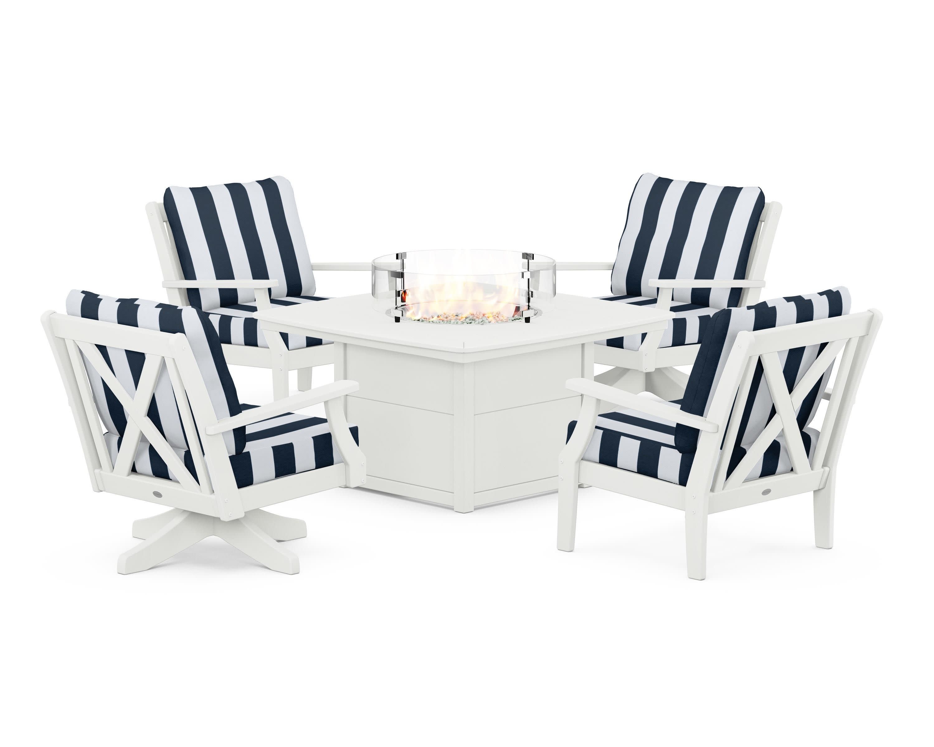 Braxton 5-Piece Deep Seating Set with Fire Table in Vintage White / Cabana Stripe Marine Indigo