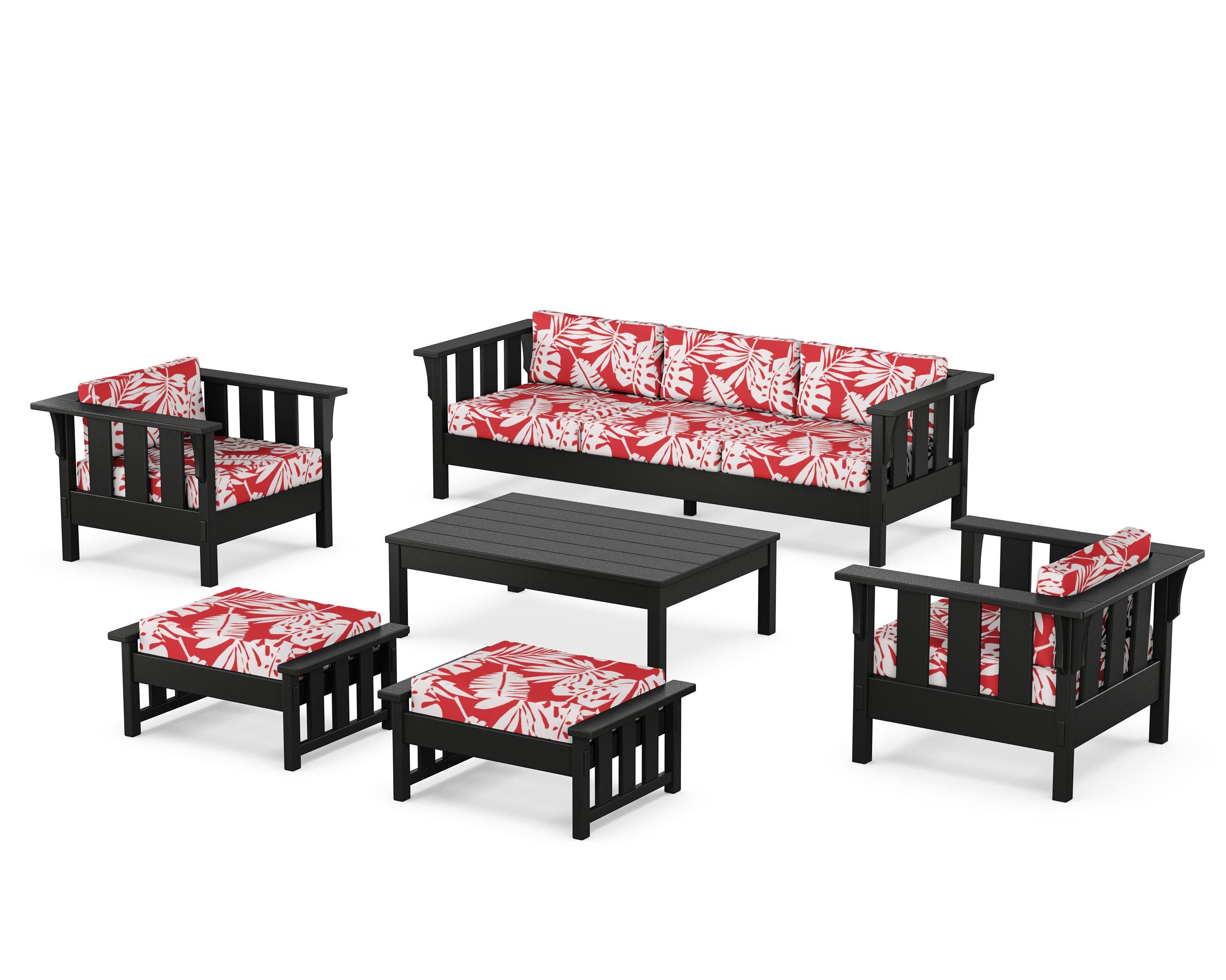 Acadia 6-Piece Lounge Sofa Set in Black / Leaf Crimson