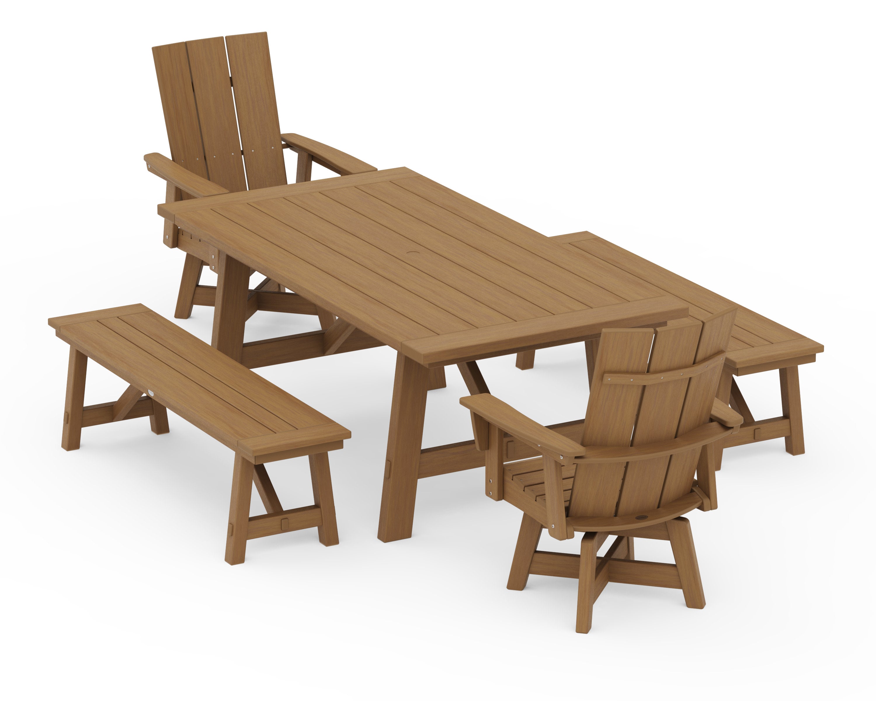Modern Curveback Adirondack Swivel Chair 5-Piece Rustic Farmhouse Dining Set With Benches in Natural