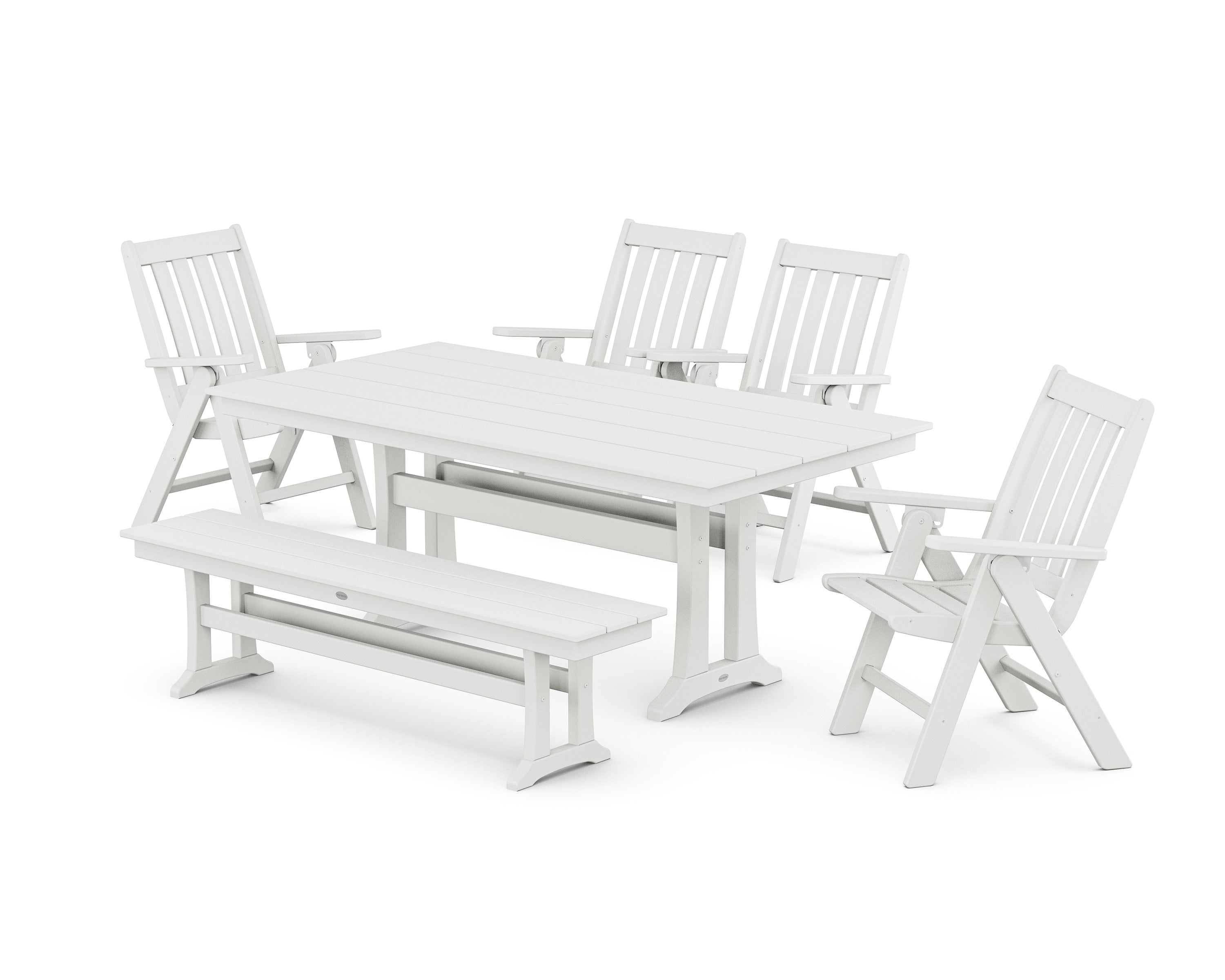 Vineyard 6-Piece Folding Chair Farmhouse Dining Set with Trestle Legs and Bench in White