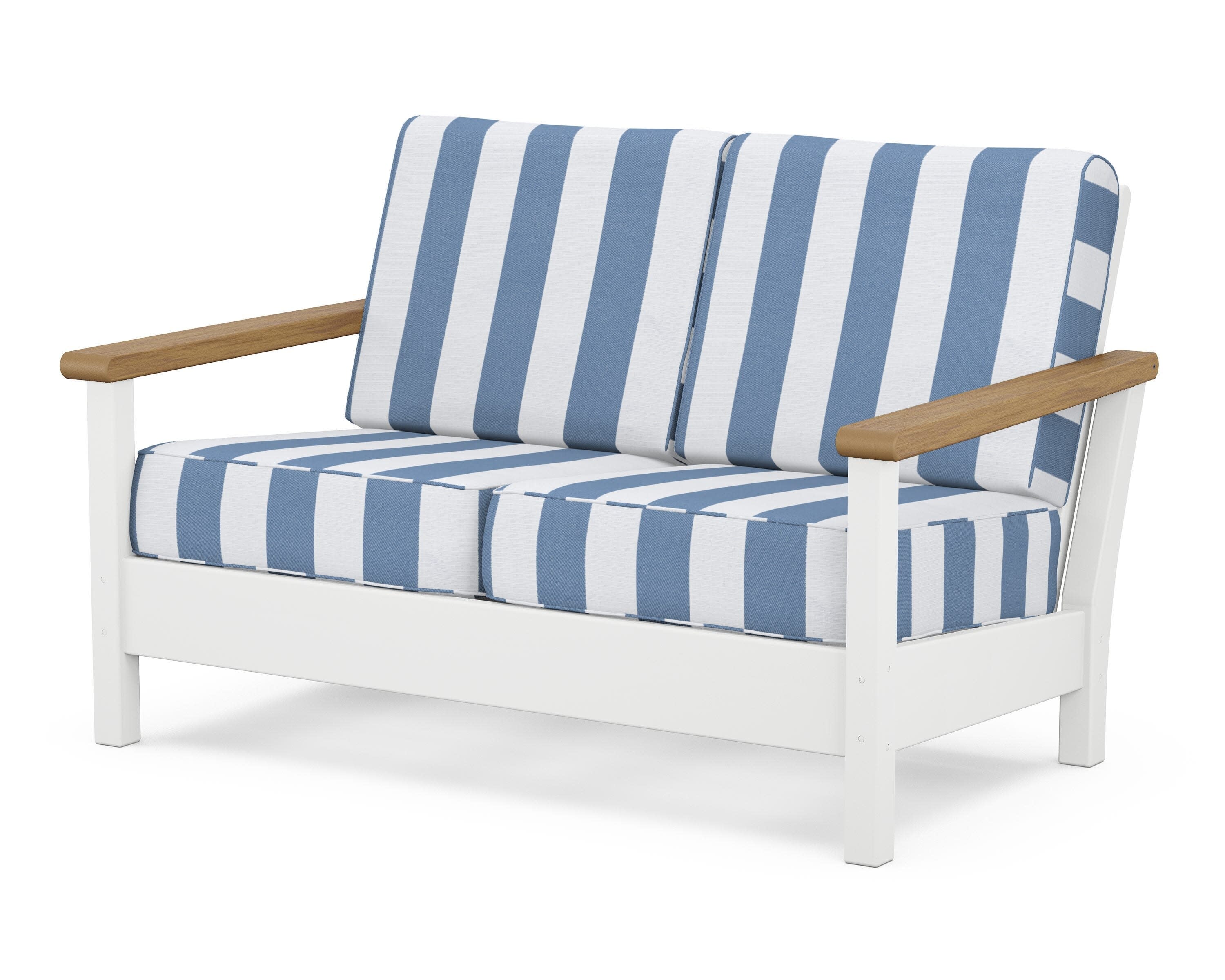 Harbour Deep Seating Loveseat in White / Natural / Cabana Stripe Sky Blue