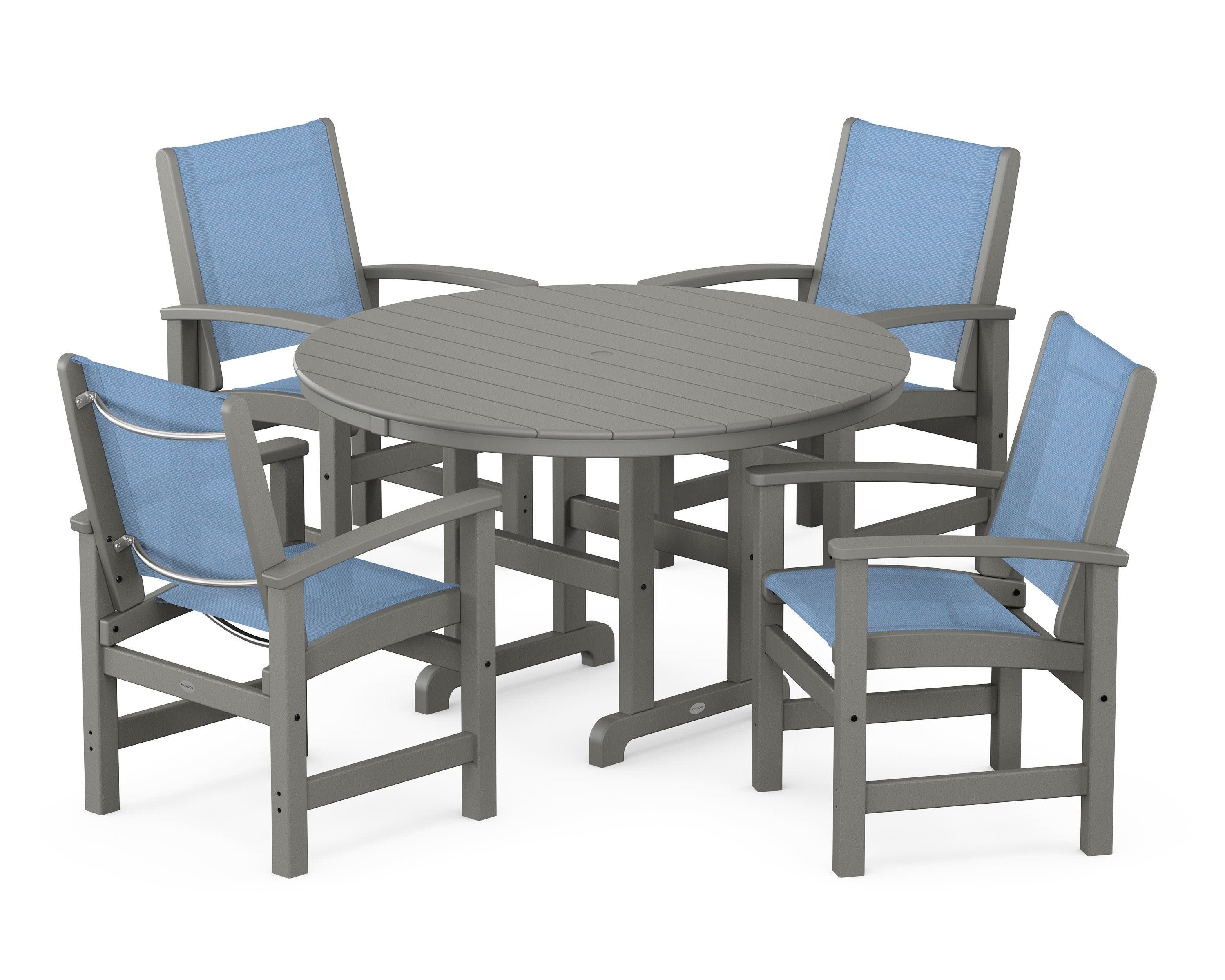 Coastal 5-Piece Round Farmhouse Dining Set in Slate Grey / Poolside Sling