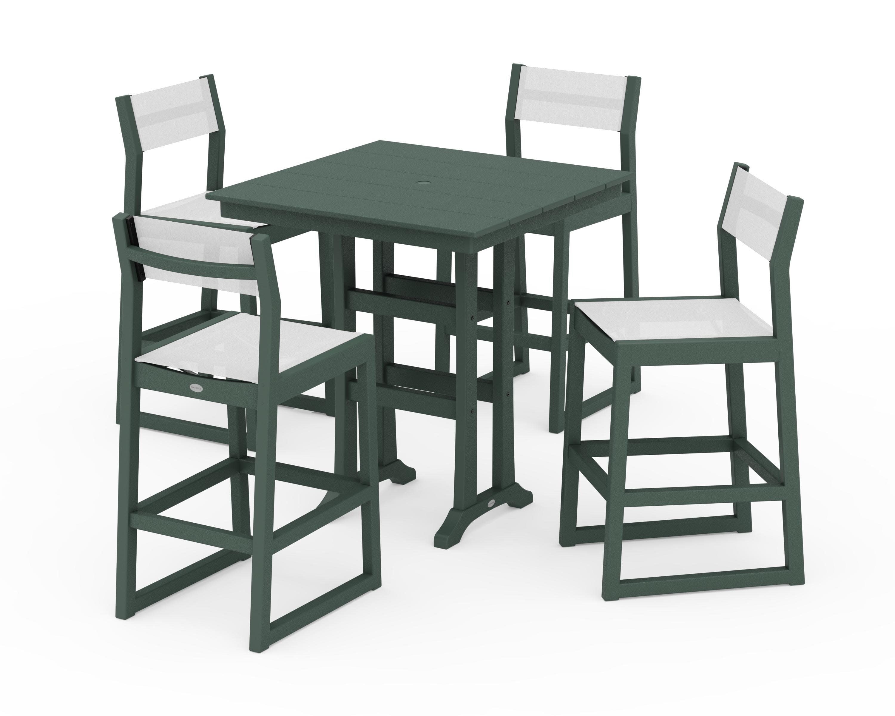 EDGE Sling Arm Chair 5-Piece Farmhouse Bar Set with Trestle Legs in Green / White Sling