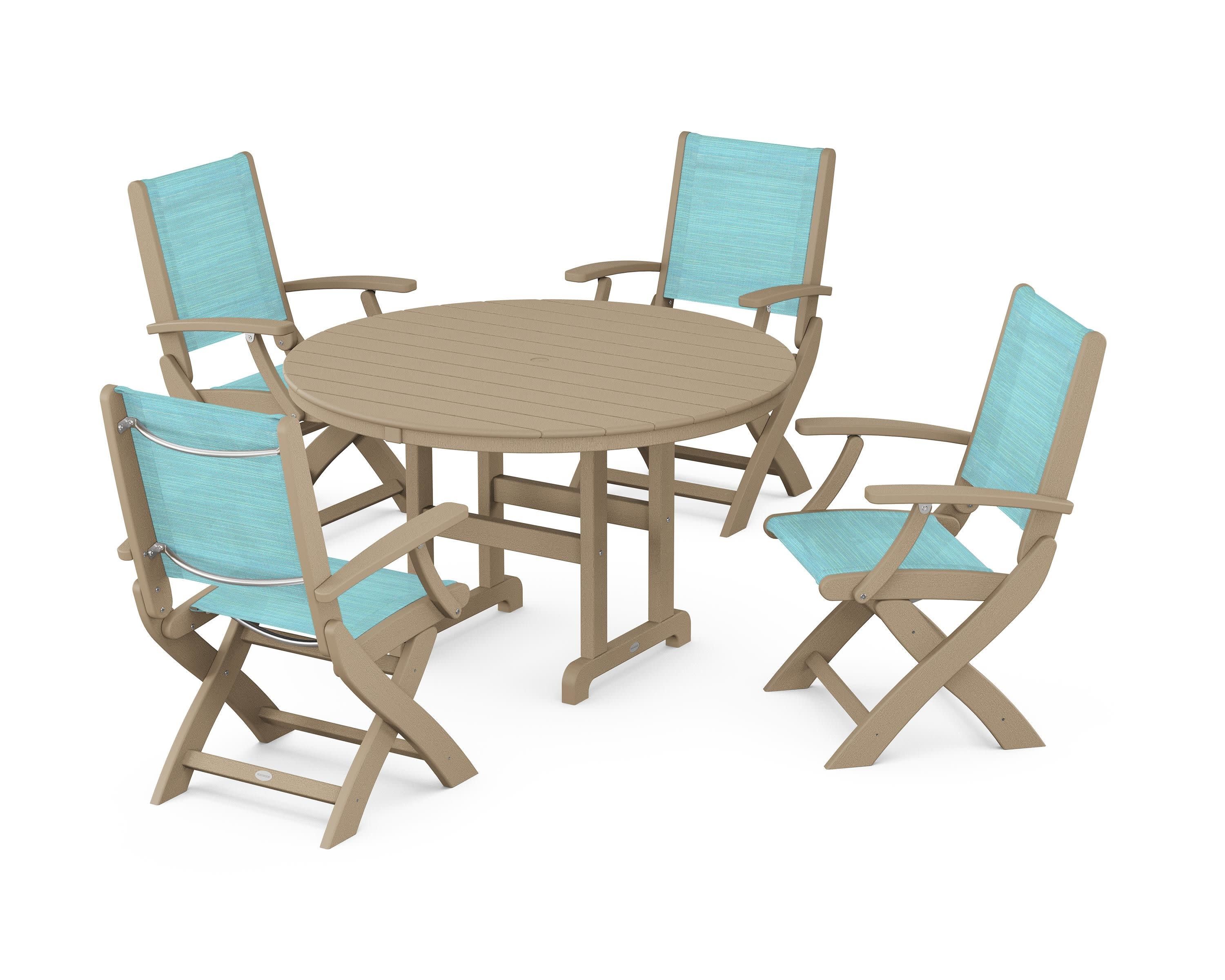 Coastal Folding Chair 5-Piece Round Dining Set in Vintage Sahara / Dupioni Aquamarine Sling