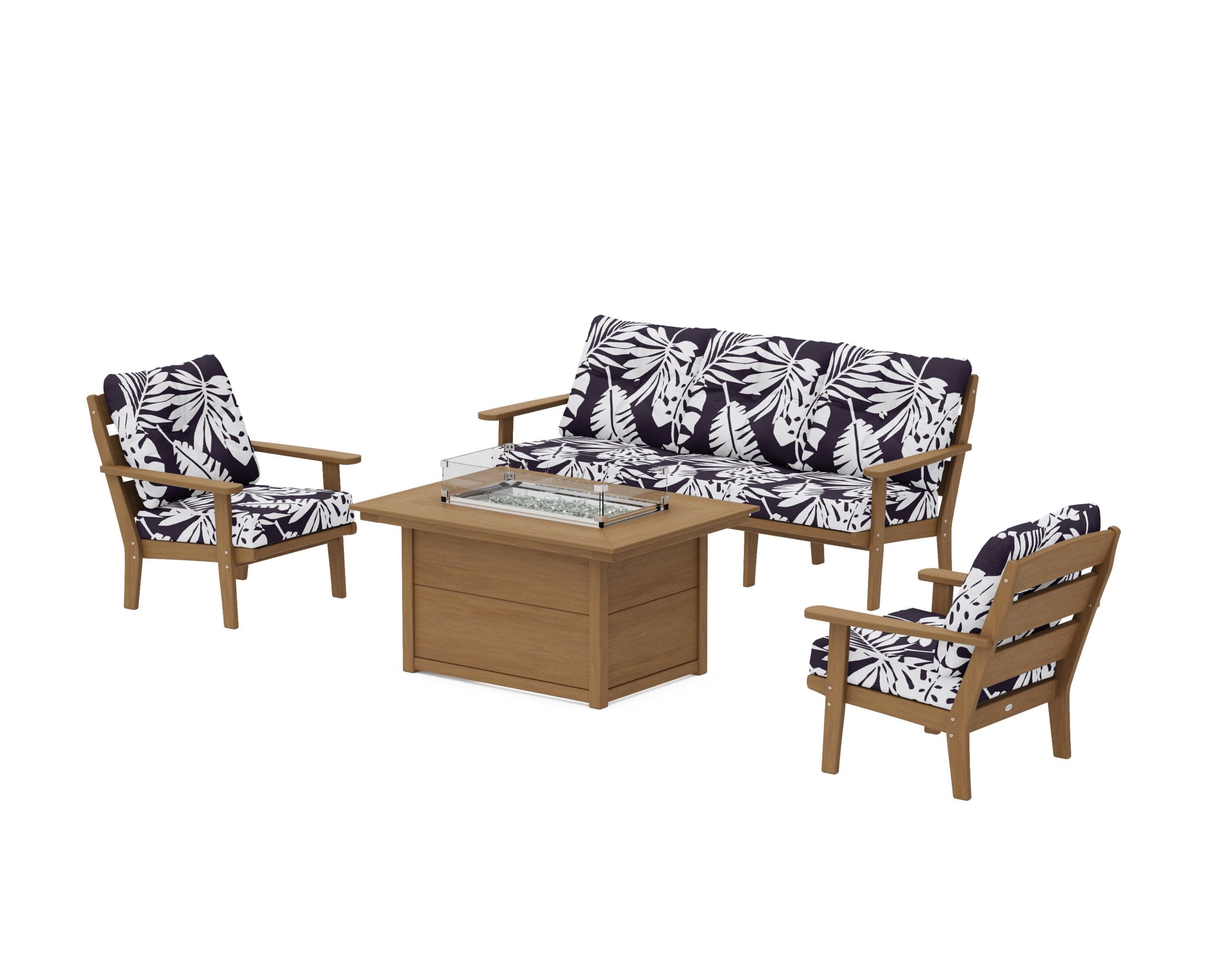 Lakeside Deep Seating Fire Pit Table Set in Natural / Leaf Navy