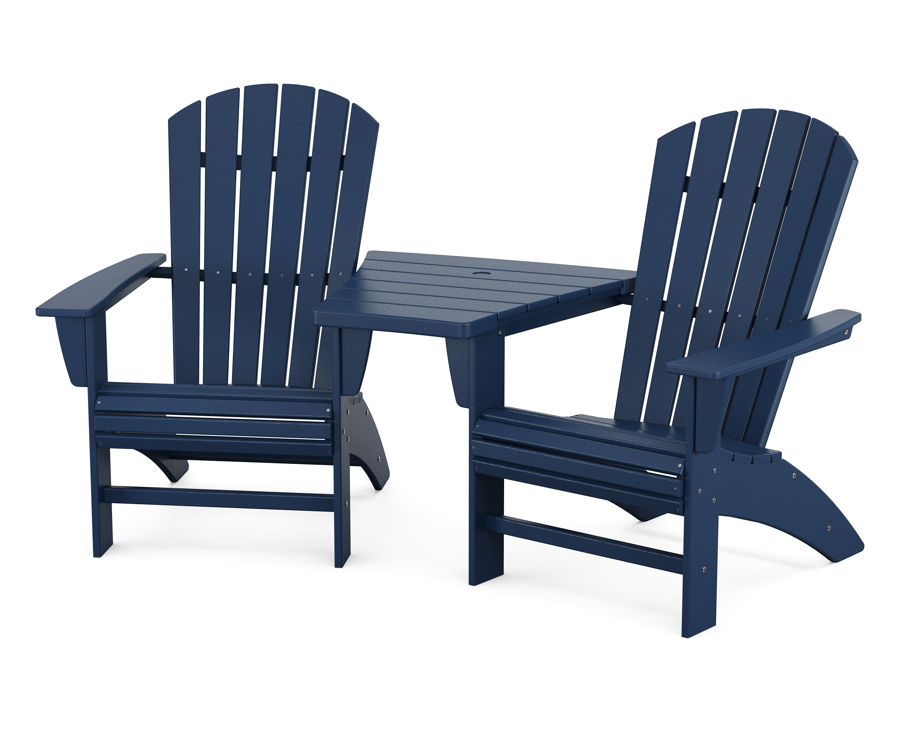 Nautical 3-Piece Curveback Adirondack Set with Angled Connecting Table in Navy