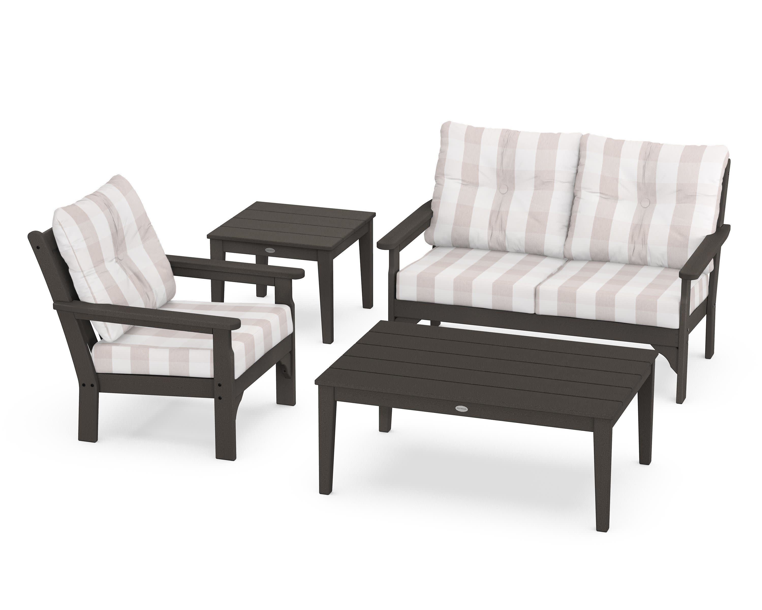 Vineyard 4-Piece Deep Seating Set in Vintage Coffee / Buffalo Plaid Dune Burlap