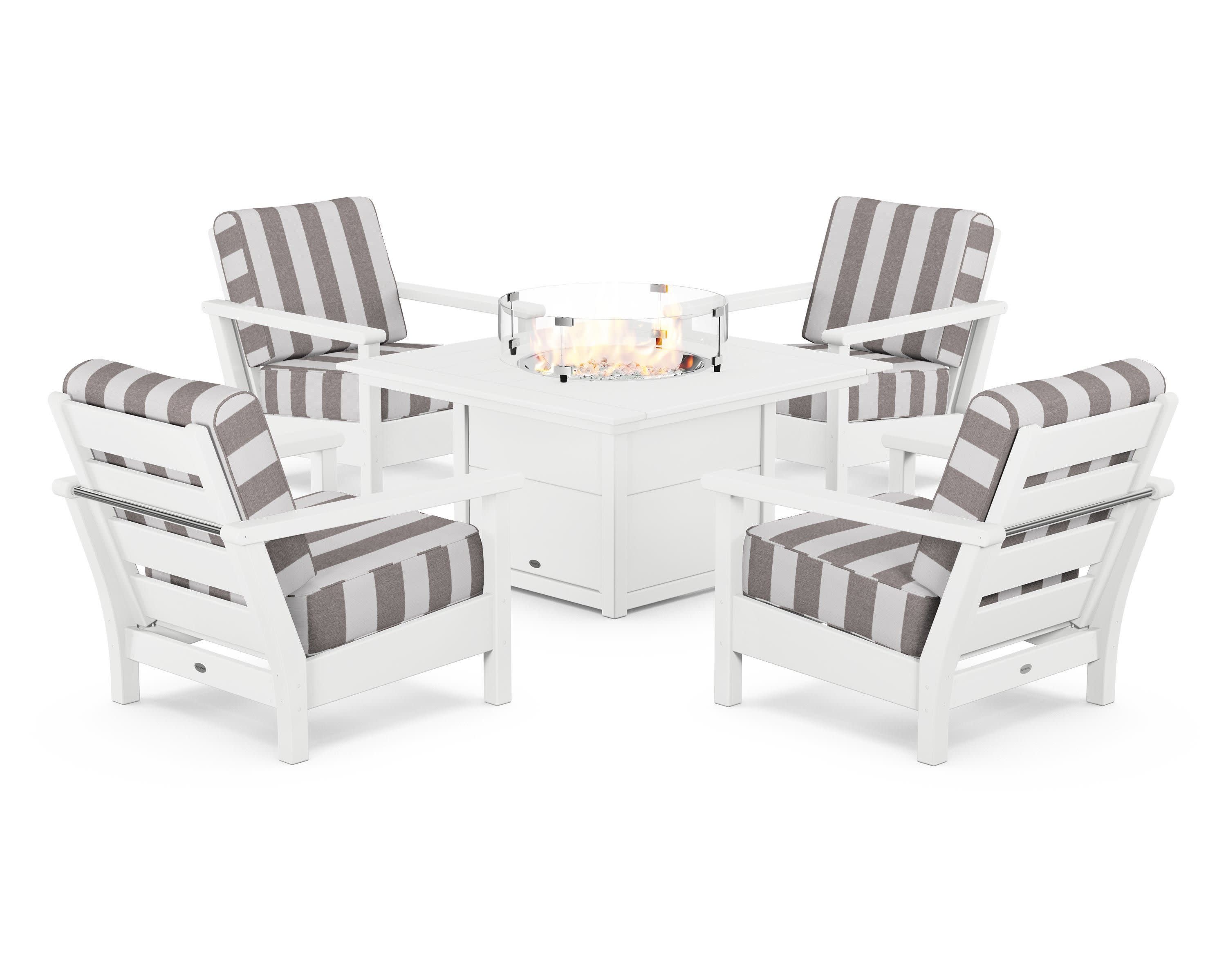 Harbour 5-Piece Conversation Set with Fire Pit Table in White / Cabana Stripe Grey Mist