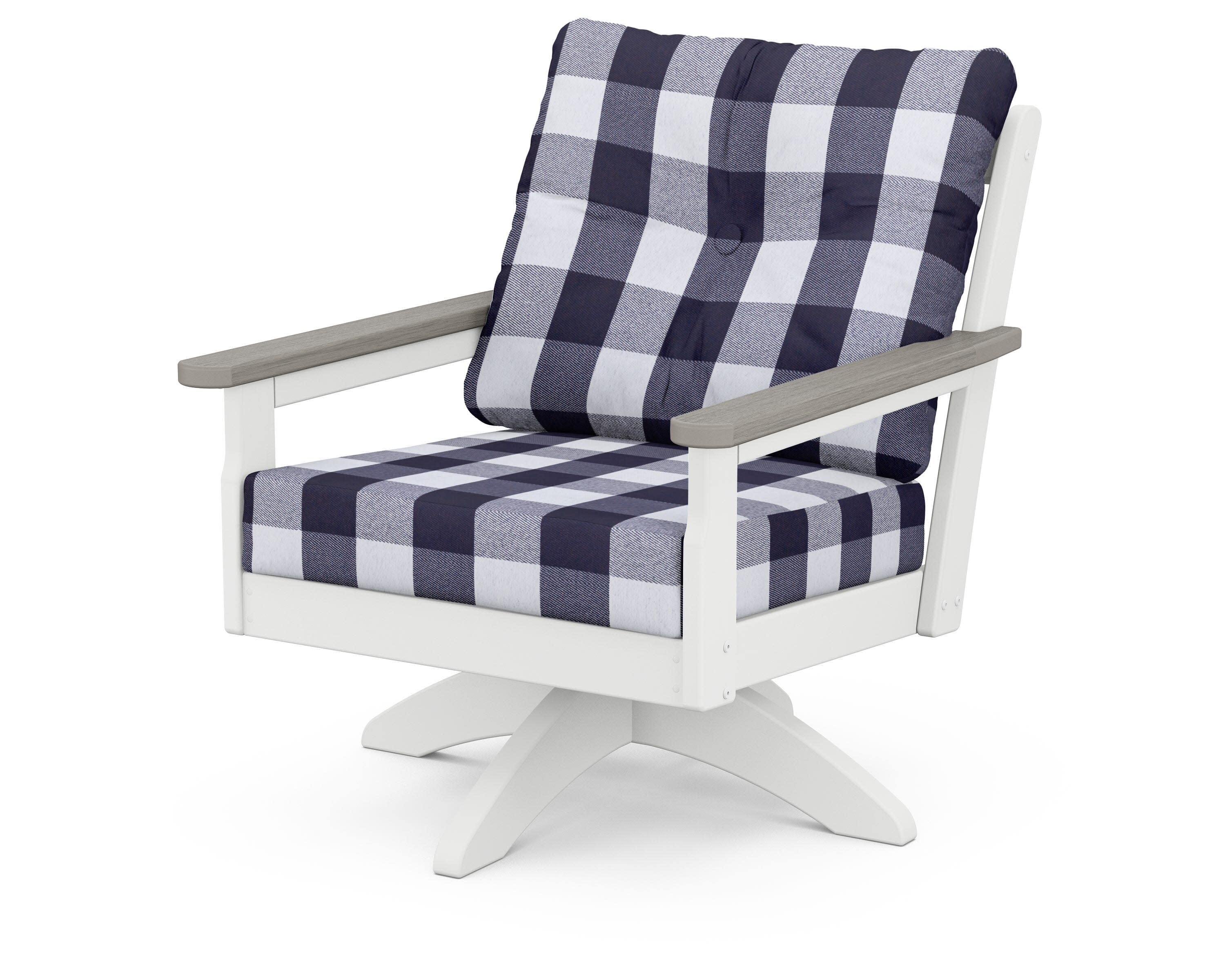 Vineyard Deep Seating Swivel Chair in White / Driftwood / Buffalo Plaid Navy