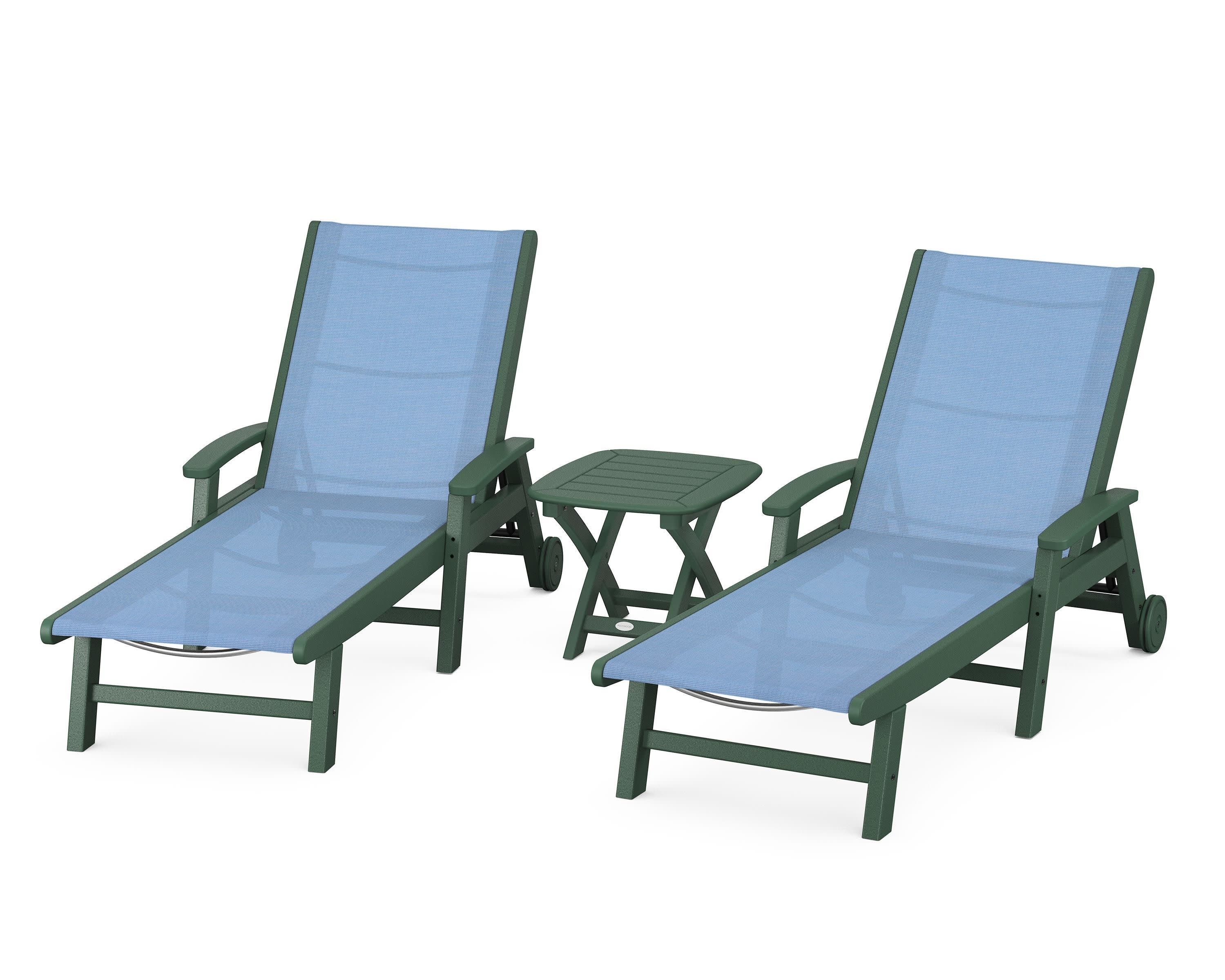 Coastal 3-Piece Wheeled Chaise Set in Green / Poolside Sling