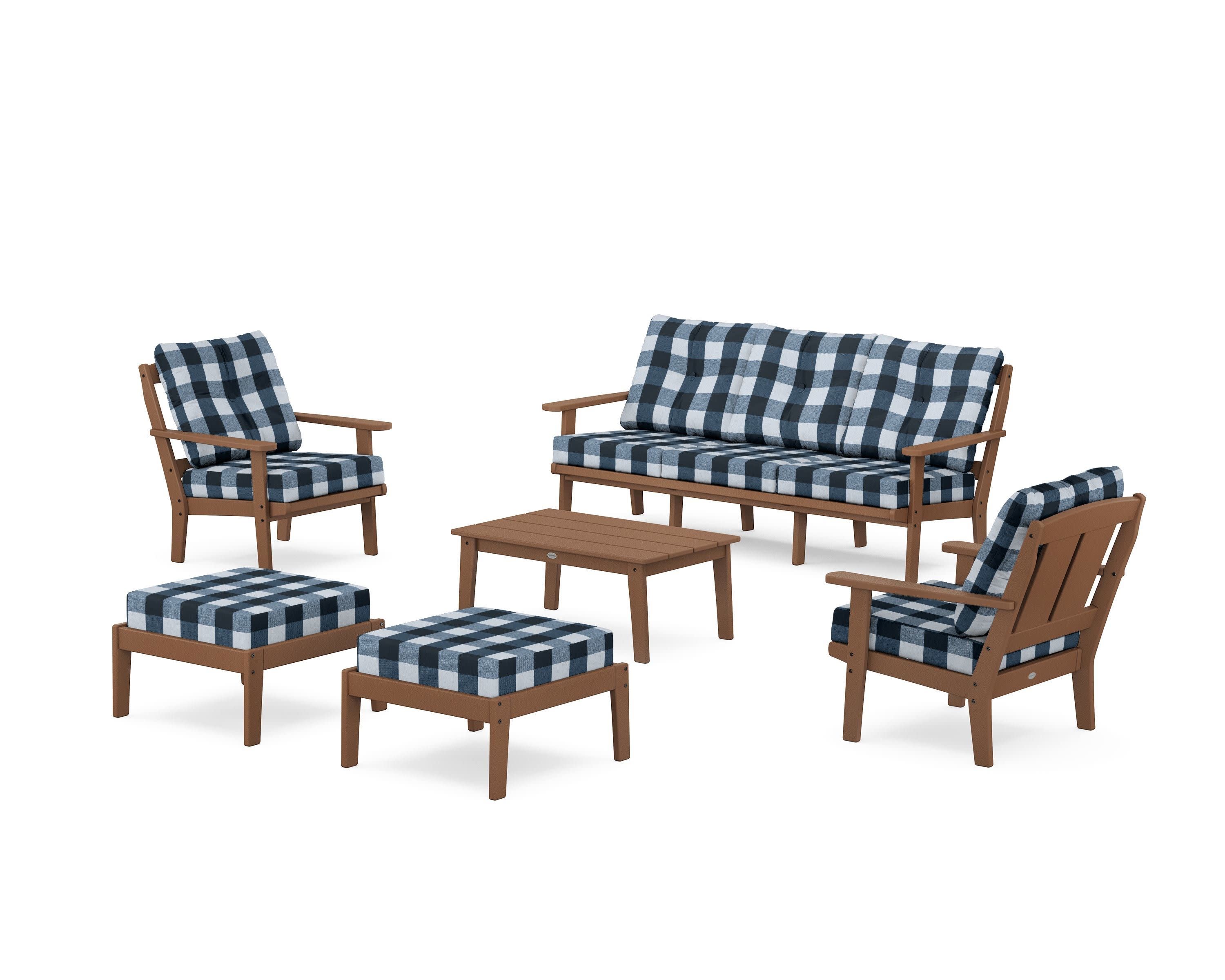 Mission 6-Piece Lounge Sofa Set in Teak / Buffalo Plaid Marine Indigo