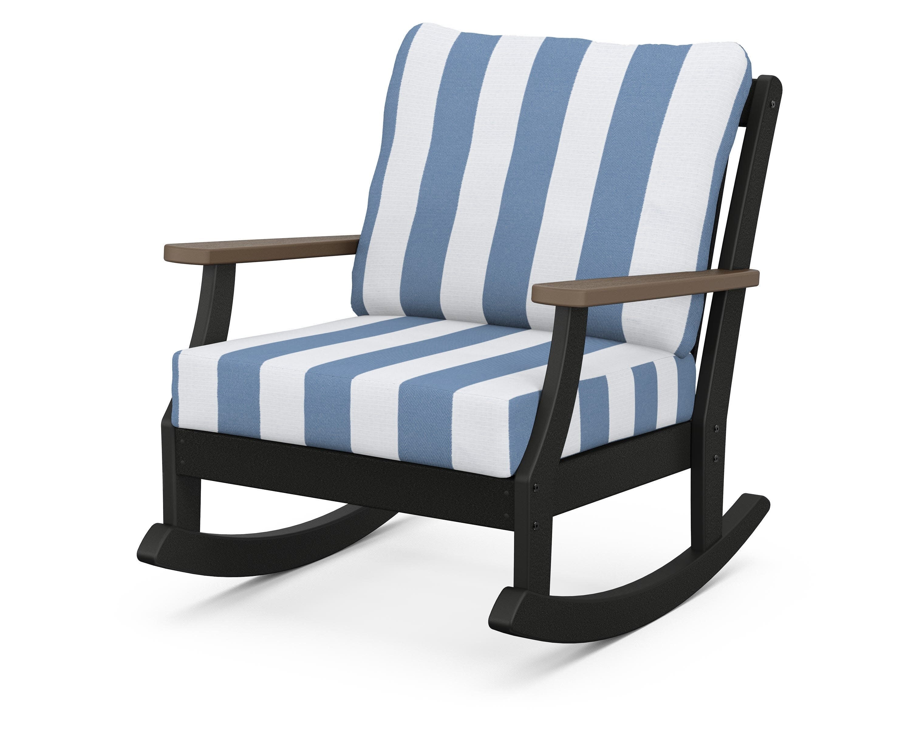 Braxton Deep Seating Rocking Chair in Black / Kona / Cabana Stripe Sky Blue