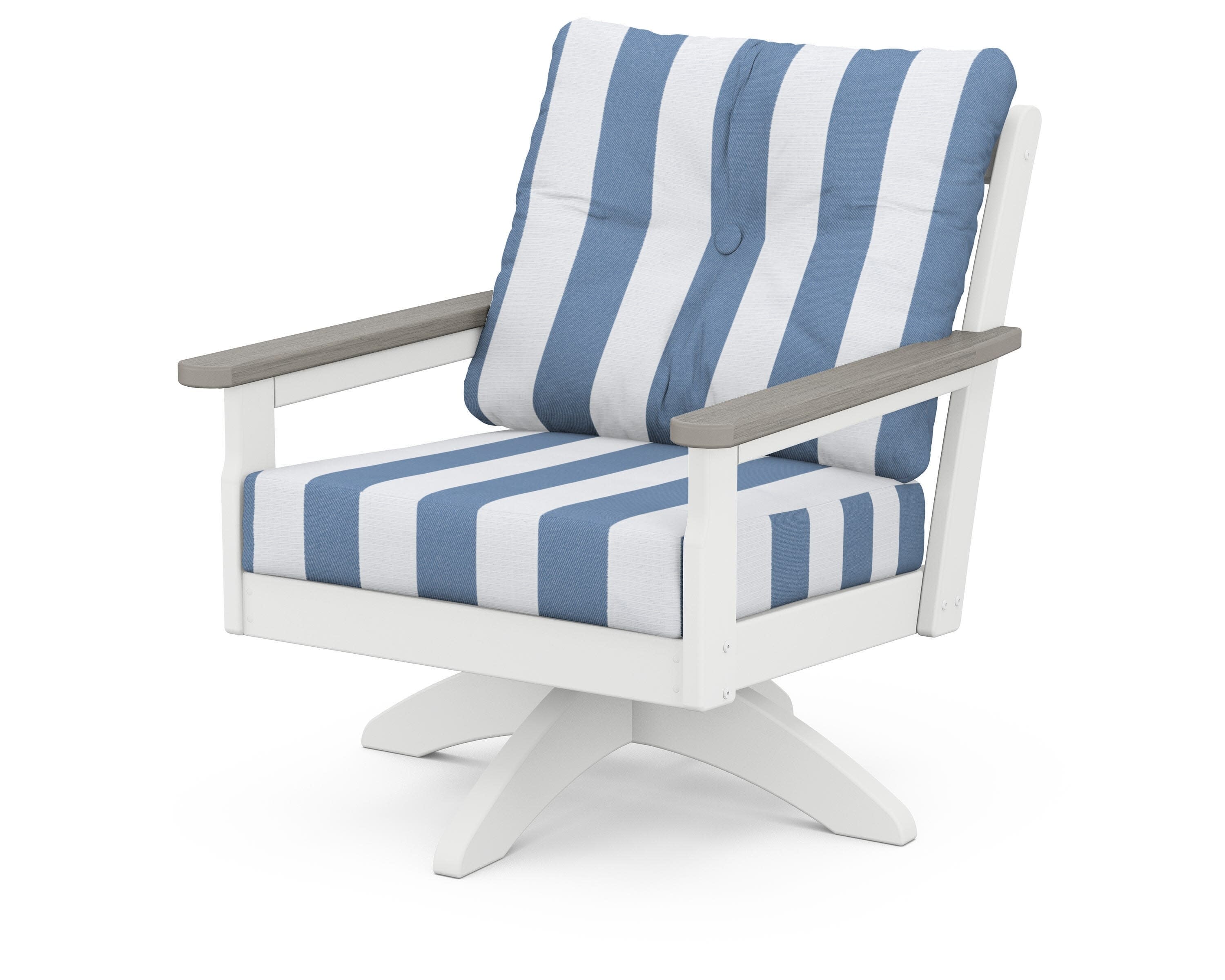 Vineyard Deep Seating Swivel Chair in White / Driftwood / Cabana Stripe Sky Blue