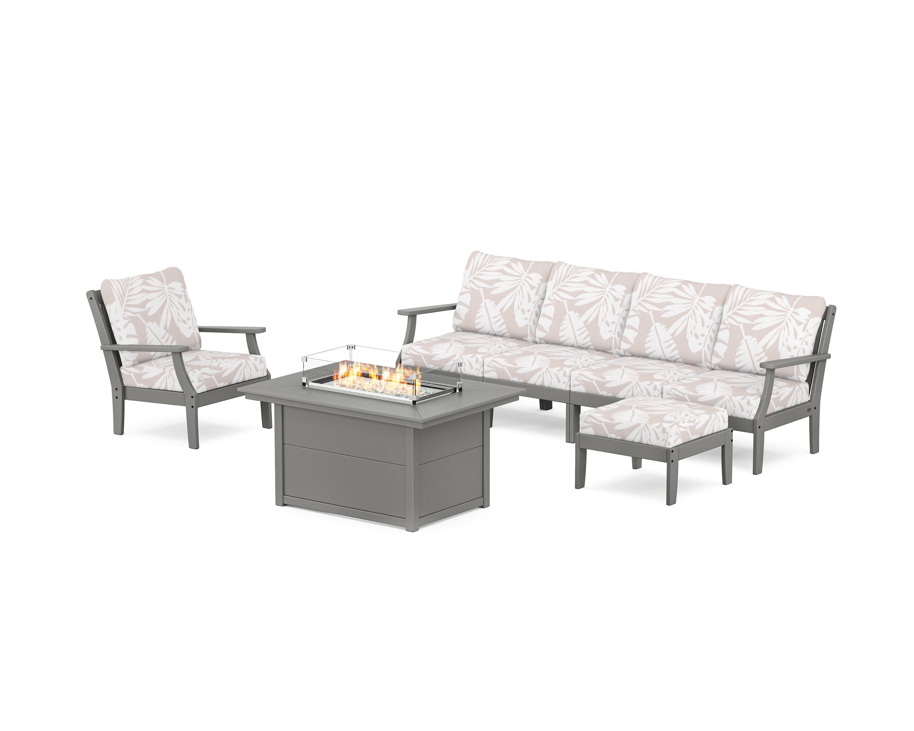 Braxton Sectional Lounge and Fire Pit Set in Slate Grey / Leaf Dune Burlap