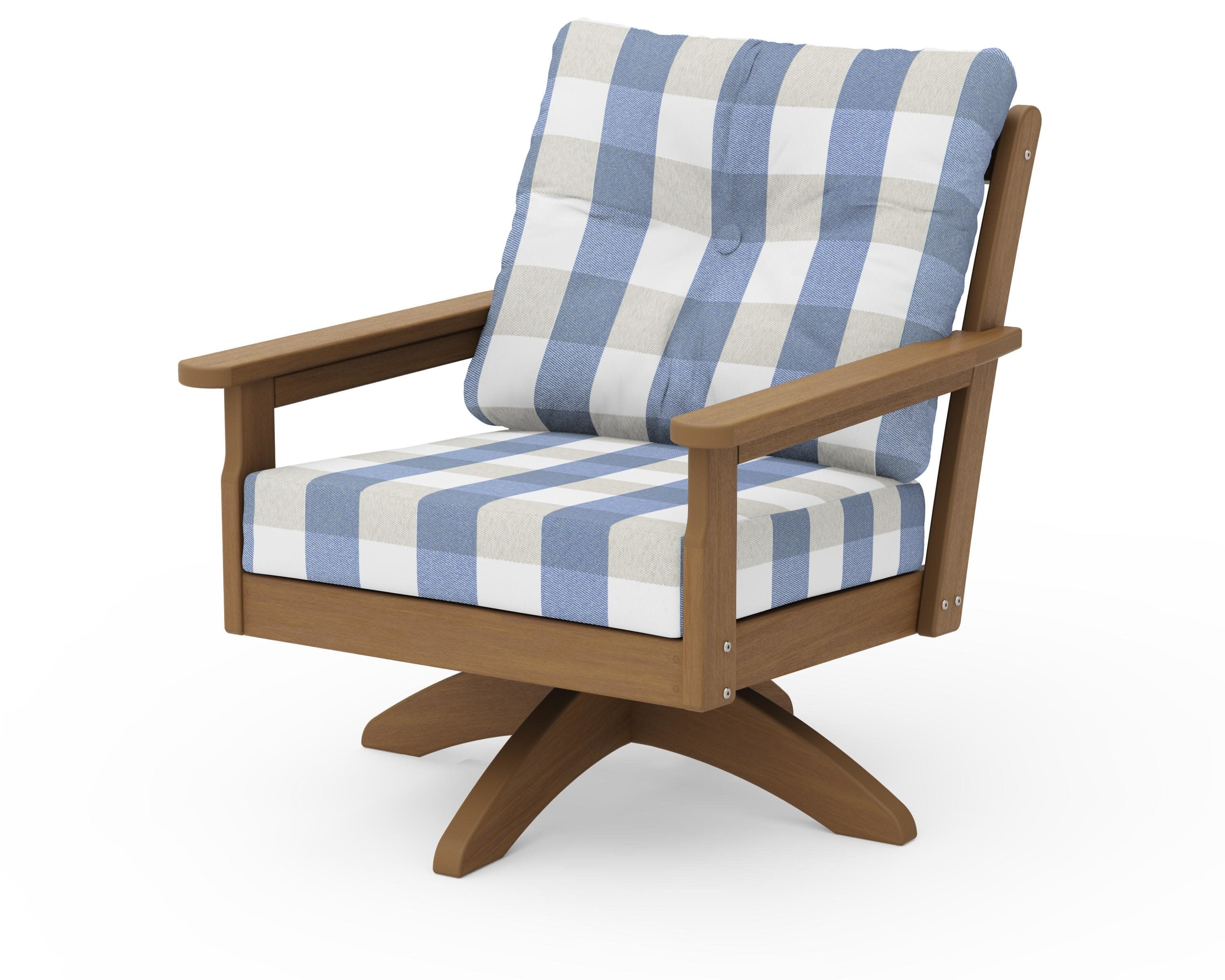 Vineyard Deep Seating Swivel Chair in Natural / Buffalo Plaid Sky Blue