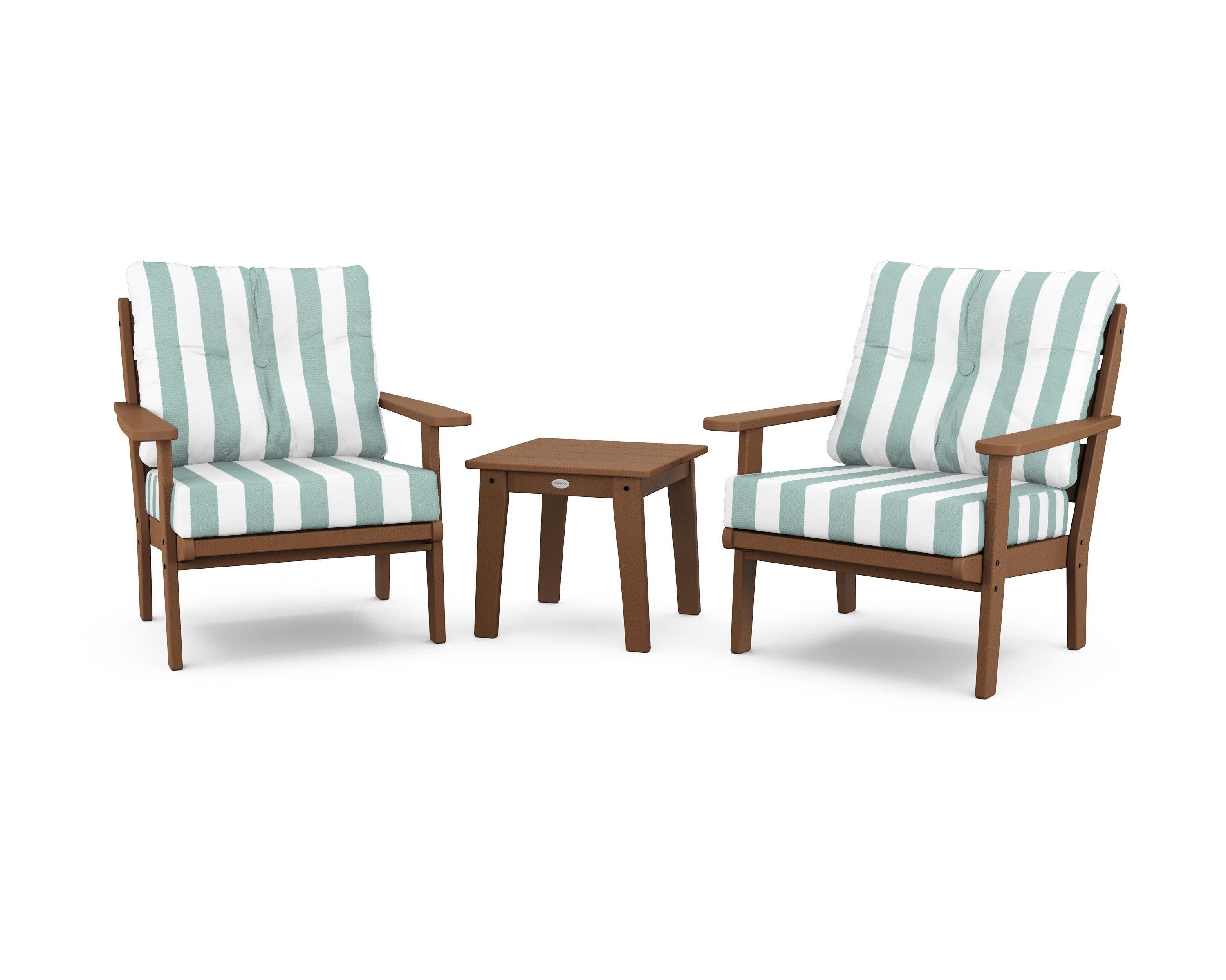 Lakeside 3-Piece Deep Seating Chair Set in Teak / Cabana Stripe Glacier Spa