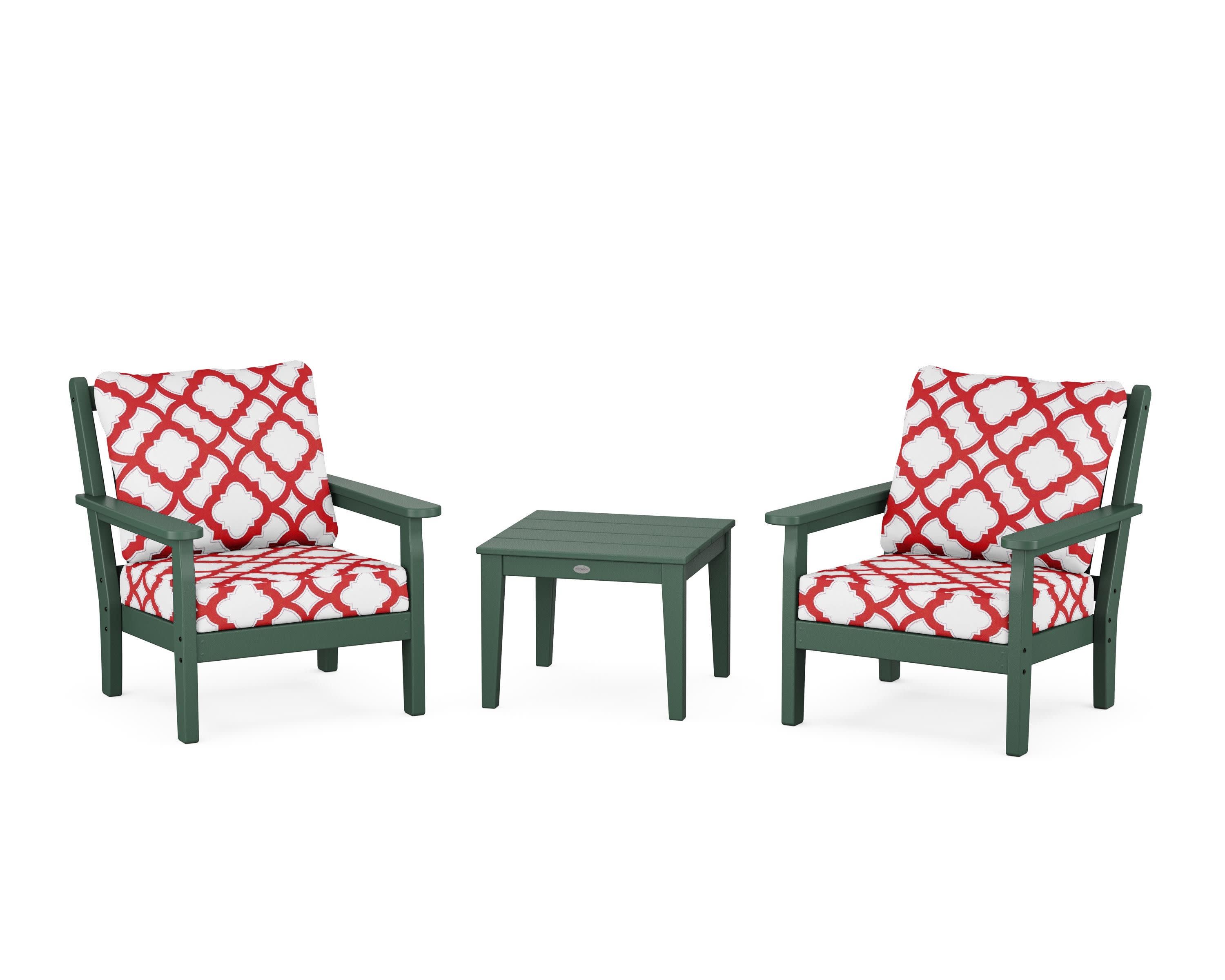 Chippendale 3-Piece Deep Seating Set in Green / Trellis Crimson