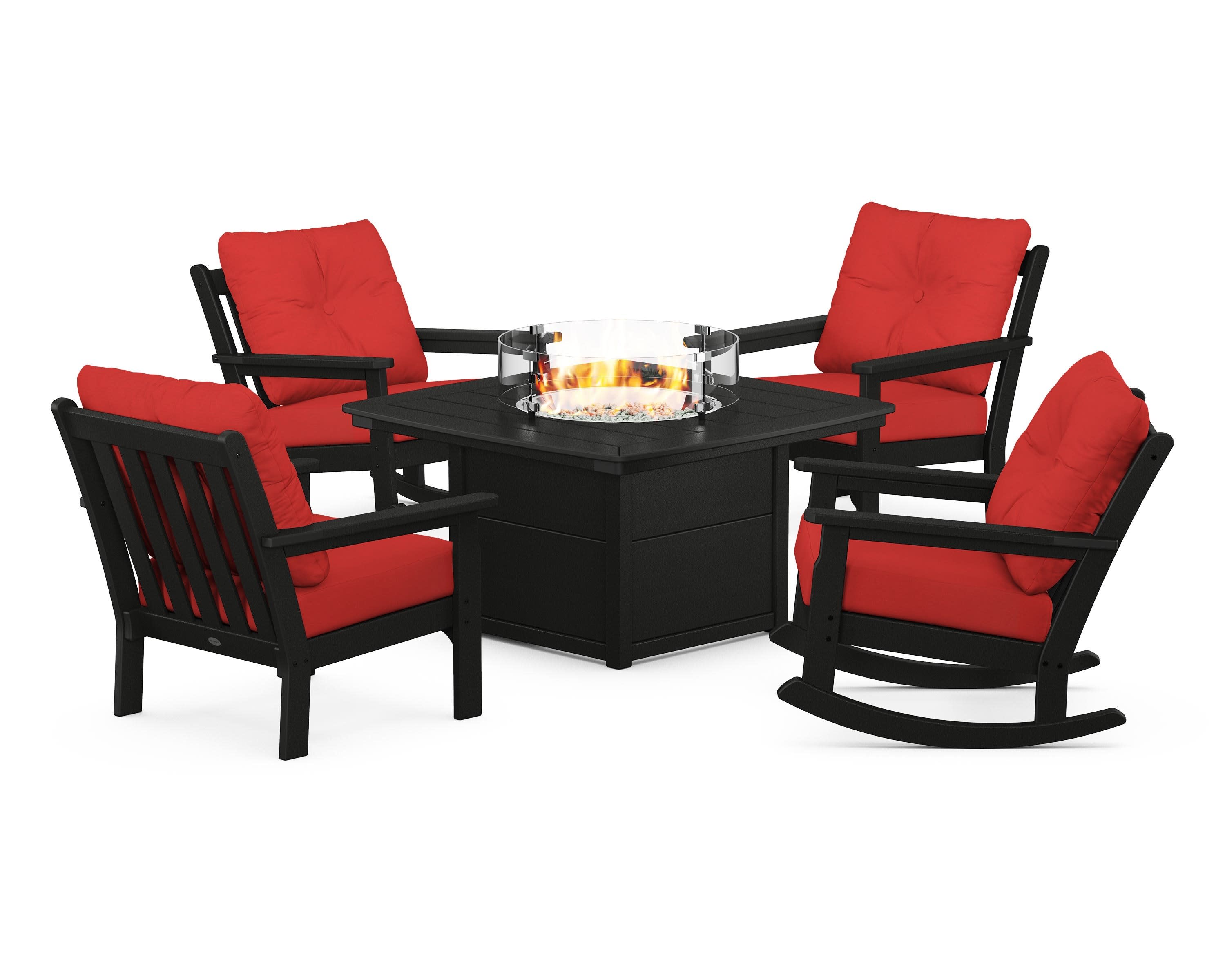 Vineyard 5-Piece Deep Seating Rocking Chair Conversation Set with Fire Pit Table in Black / Crimson Linen