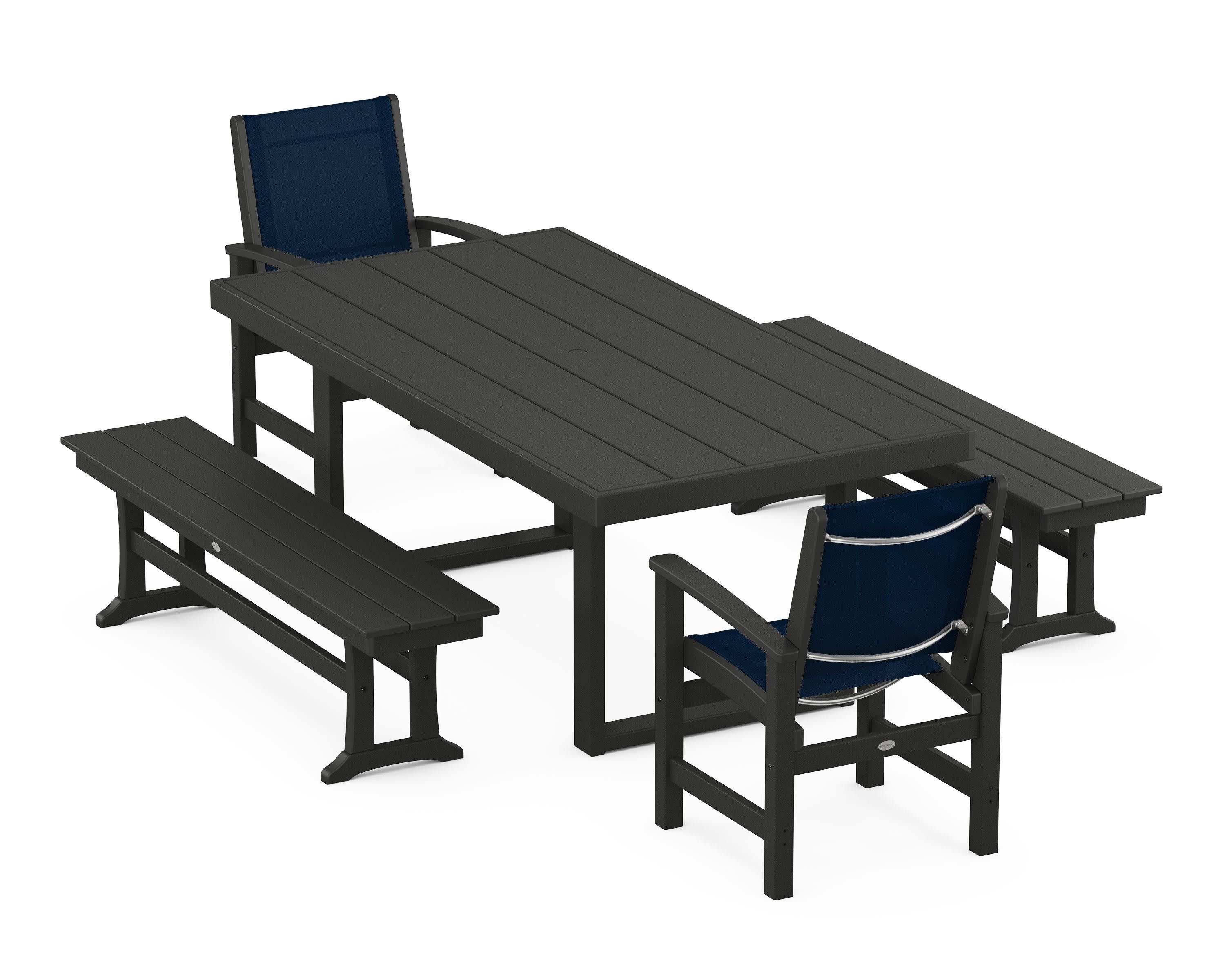 Coastal 5-Piece Dining Set with Trestle Legs in Black / Navy Blue Sling