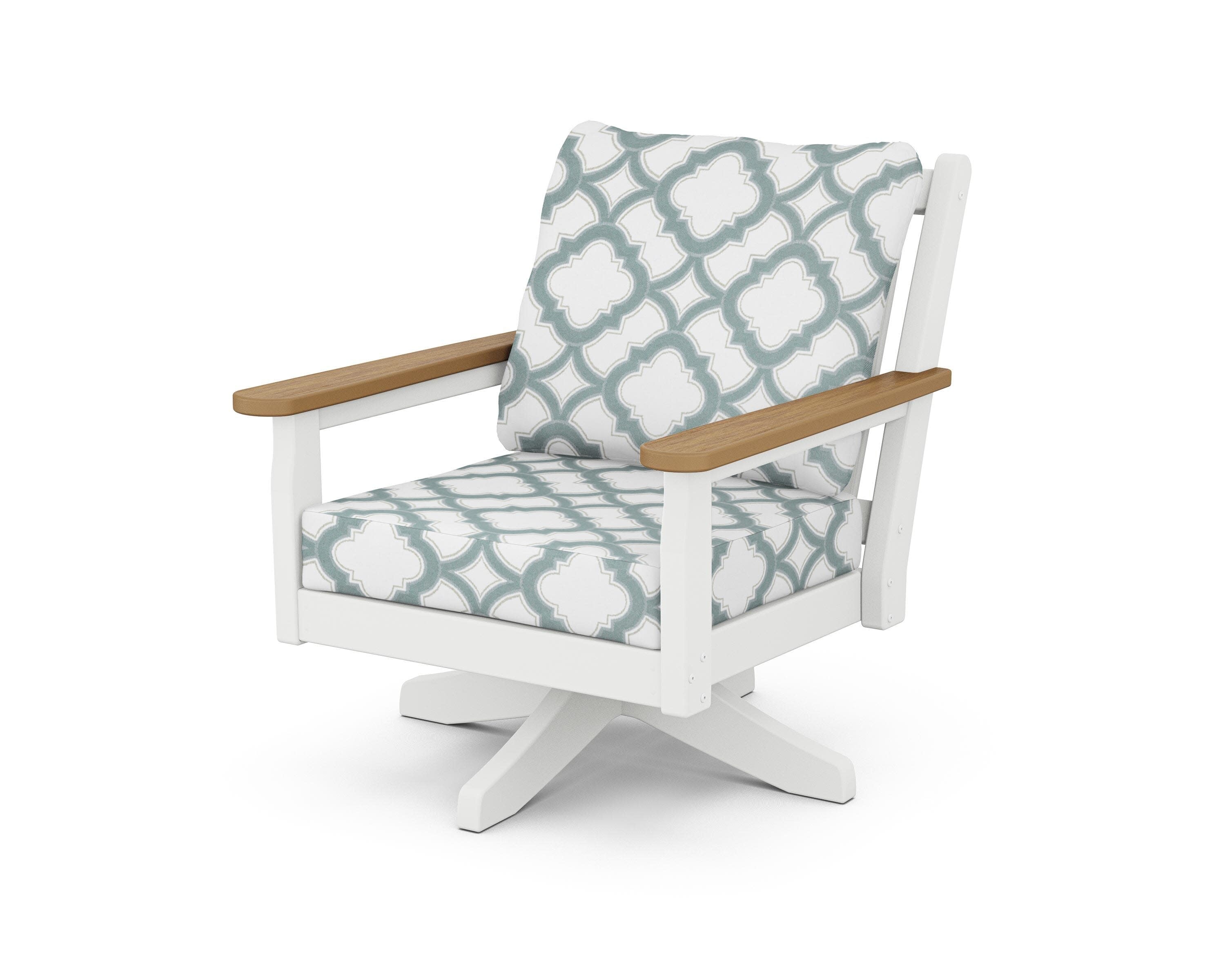 Chippendale Deep Seating Swivel Chair in White / Natural / Trellis Glacier Spa