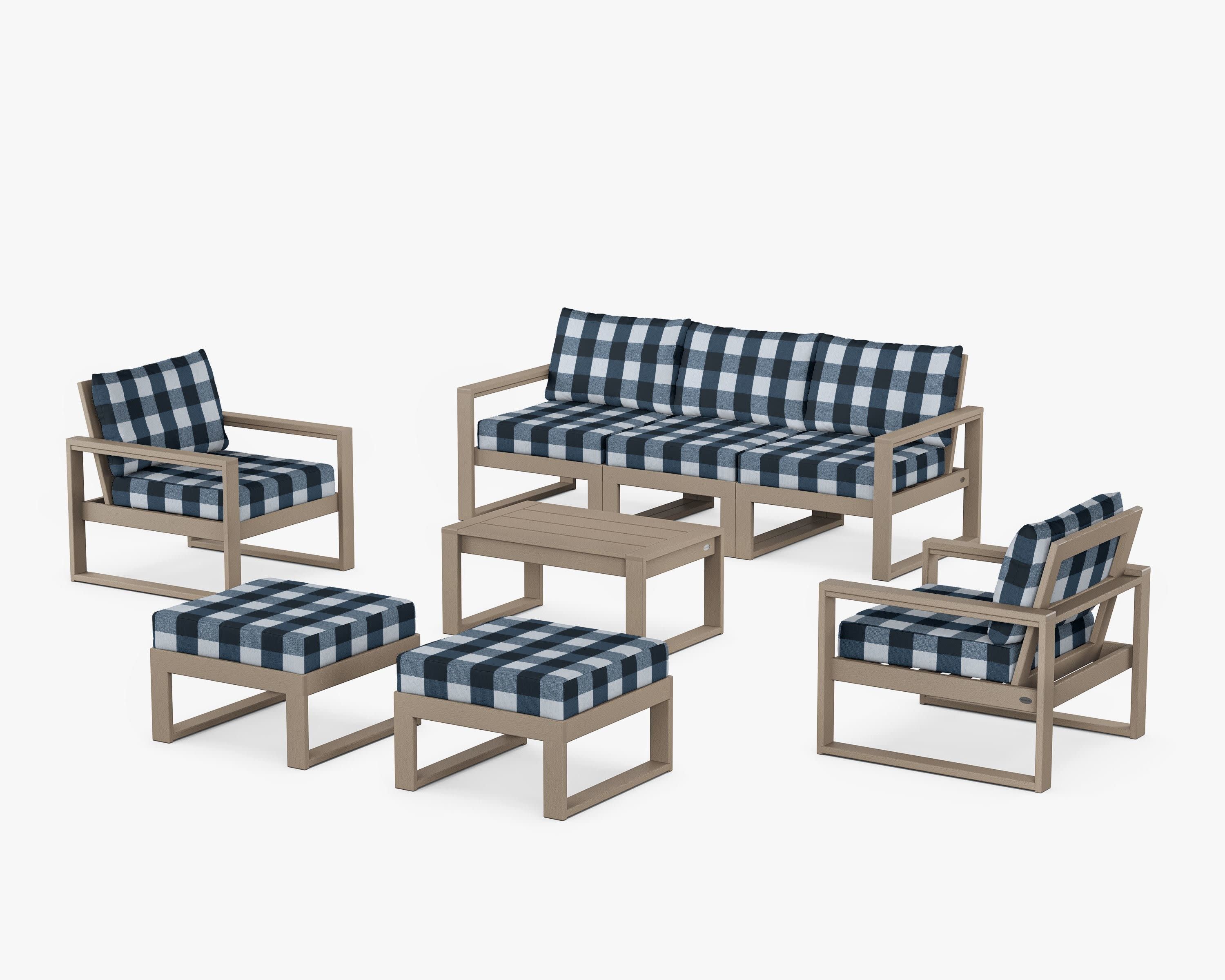 EDGE Sectional 8-Piece Lounge Sofa Set in Vintage Sahara / Buffalo Plaid Marine Indigo