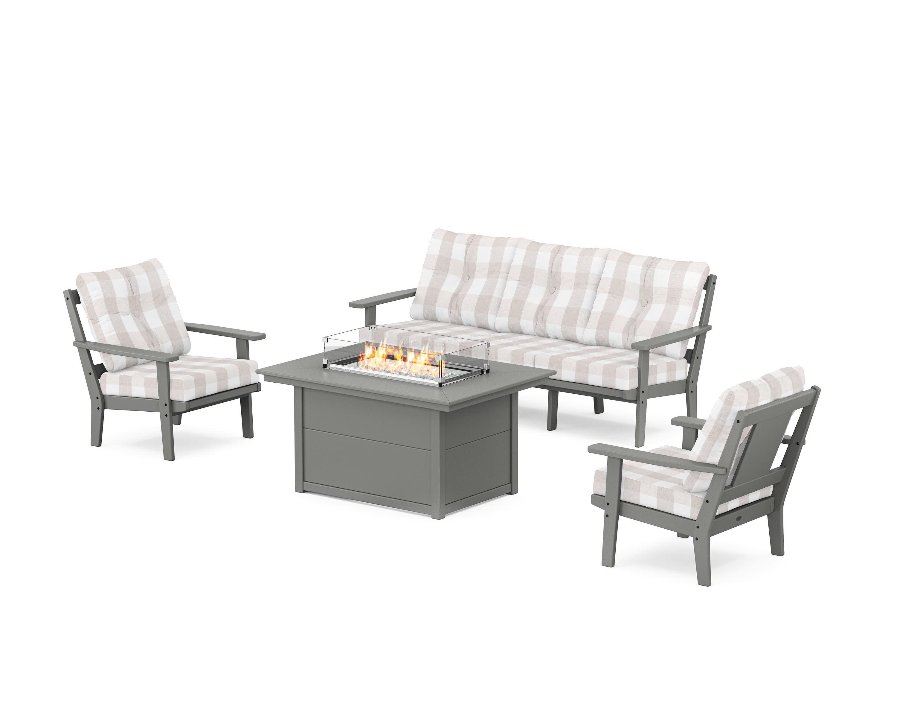 Prairie Deep Seating Fire Pit Table Set in Slate Grey / Buffalo Plaid Dune Burlap