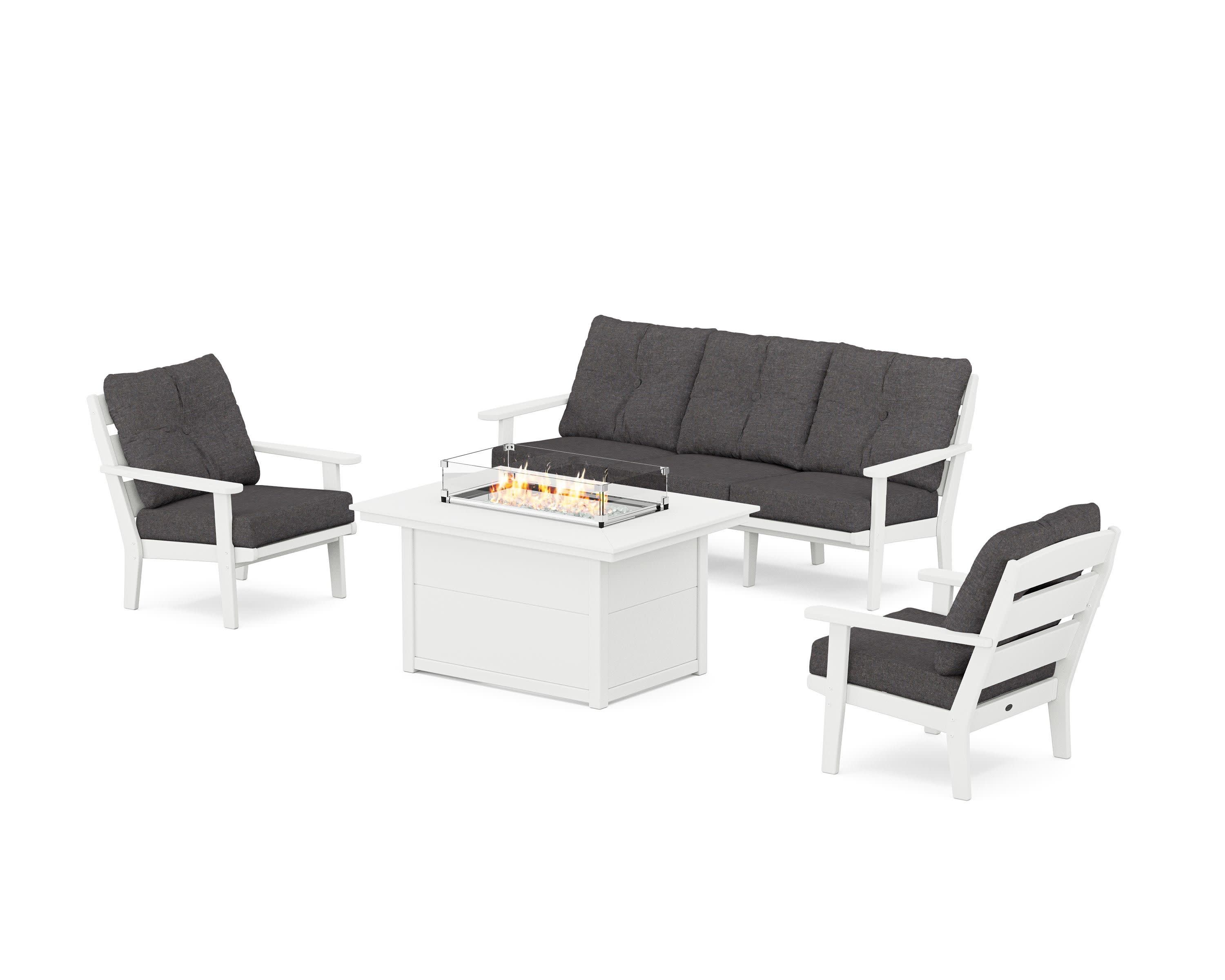 Lakeside Deep Seating Fire Pit Table Set in White / Ash Charcoal