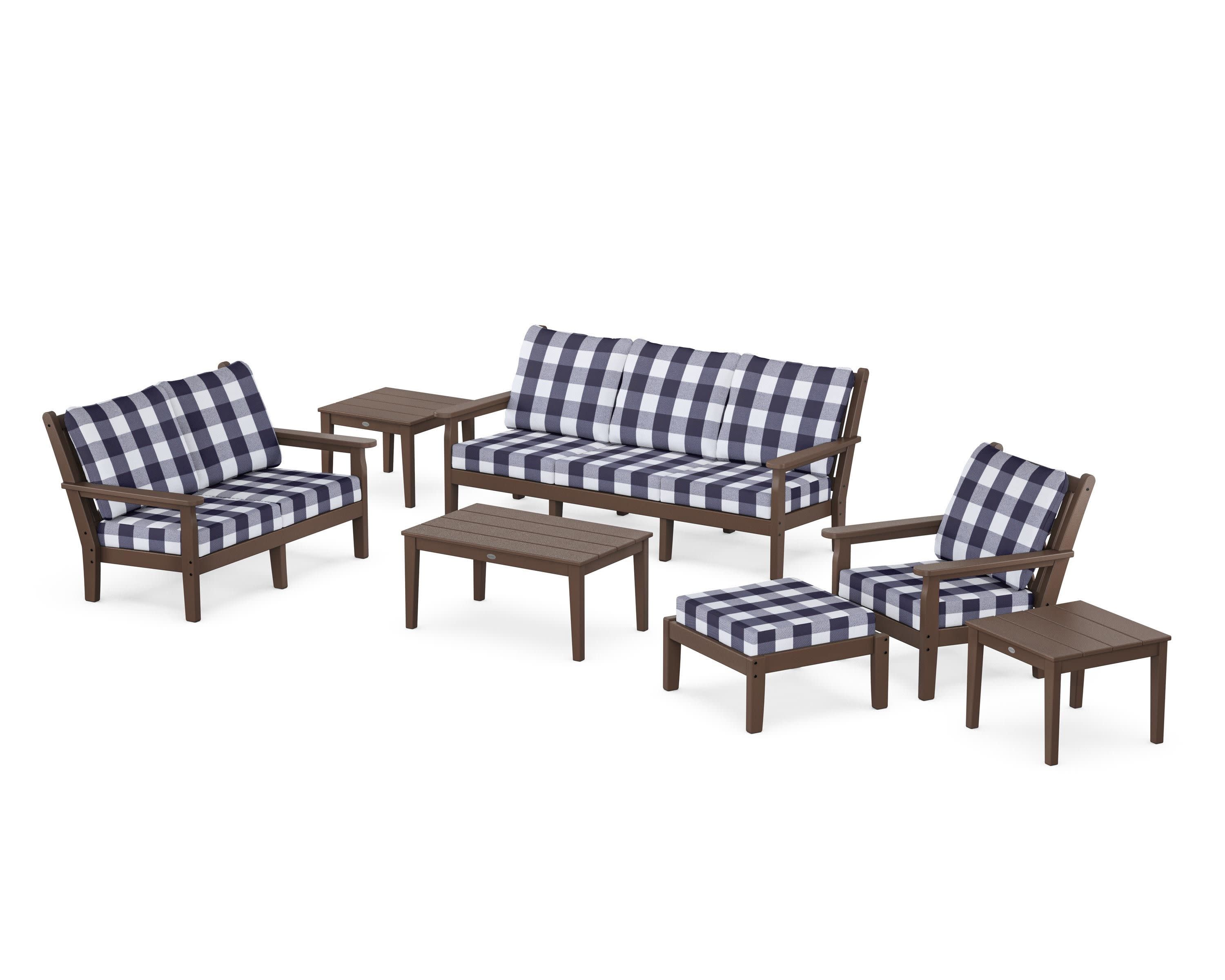 Chippendale 7-Piece Deep Seating Set in Mahogany / Buffalo Plaid Navy