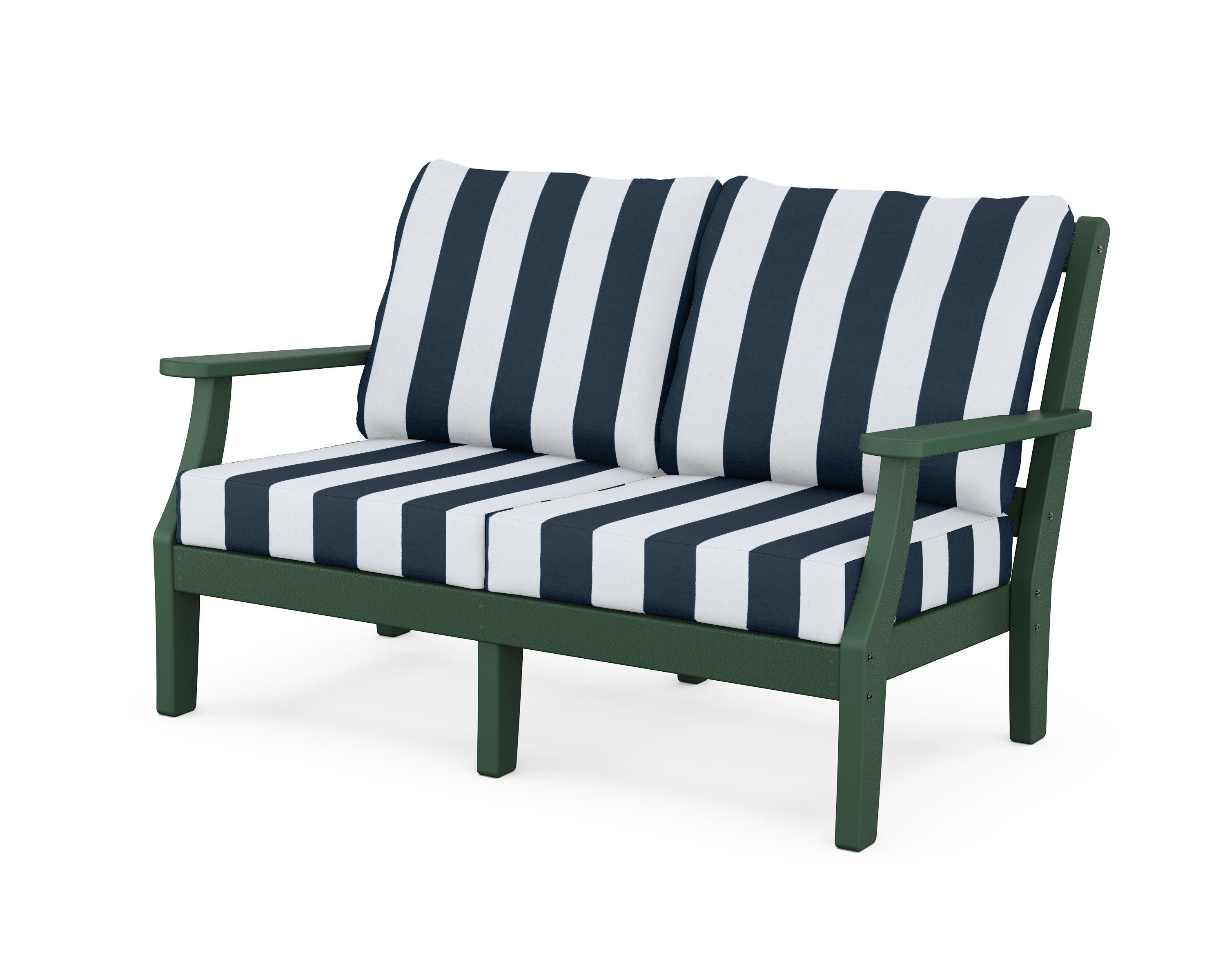 Chinoiserie Deep Seating Loveseat in Green / Cabana Stripe Marine Indigo