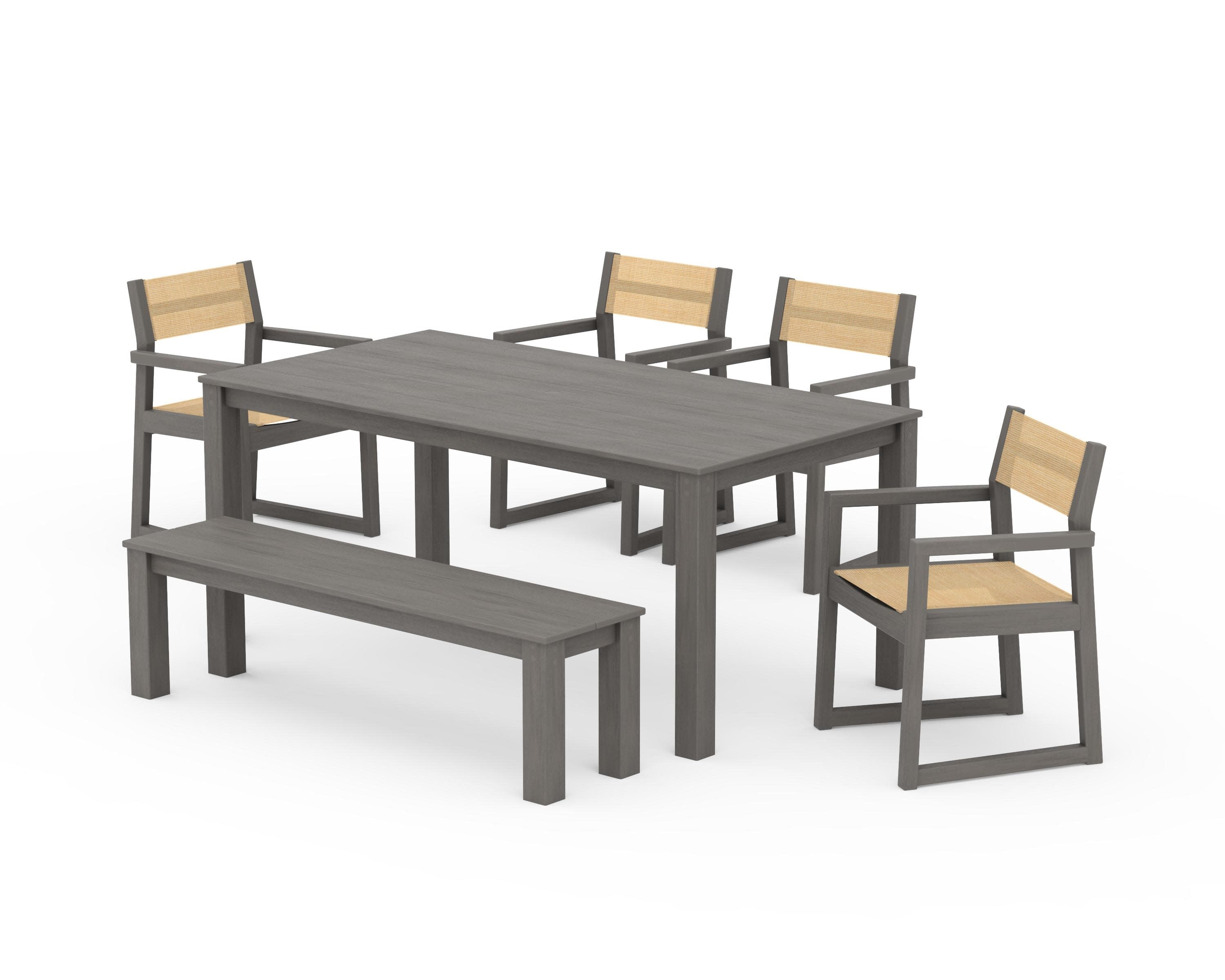EDGE Sling Arm Chair 6-Piece Parsons Dining Set with Bench in Driftwood / Dupioni Apricot Sling