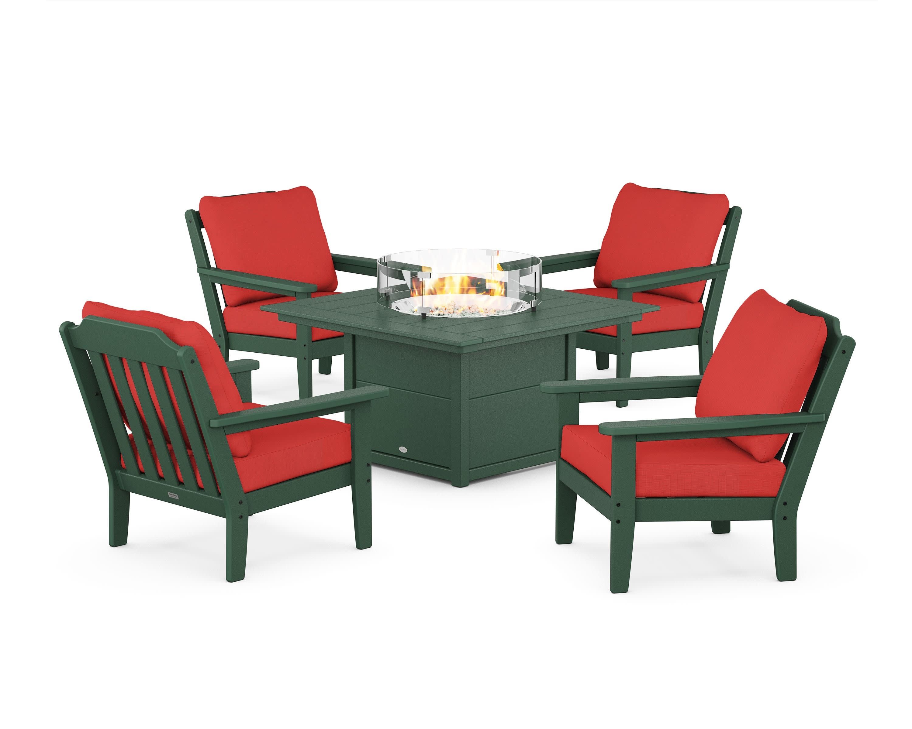 Cottage 5-Piece Deep Seating Set with Fire Pit Table in Green / Crimson Linen