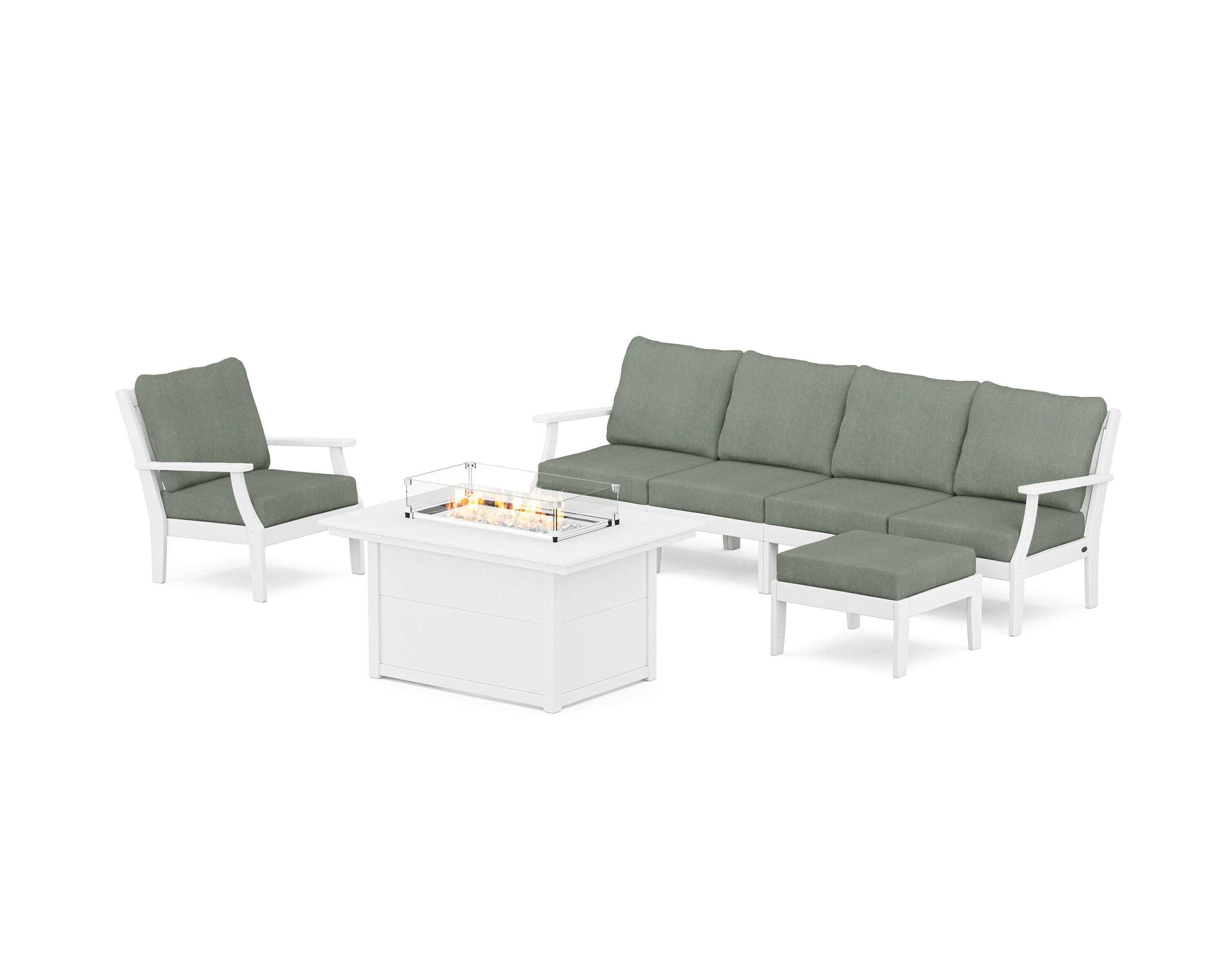 Braxton Sectional Lounge and Fire Pit Set in Vintage White / Cast Sage