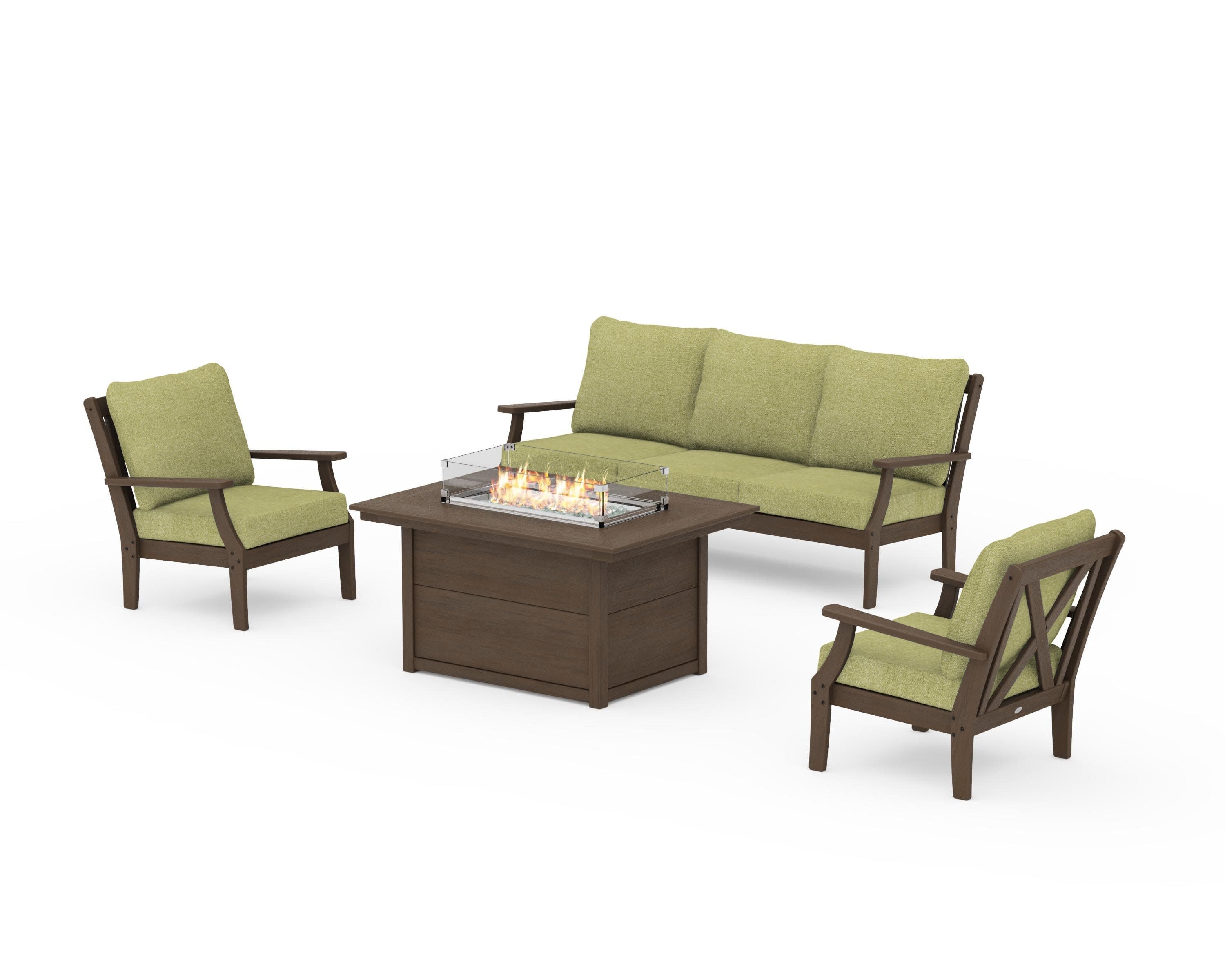 Braxton Deep Seating Fire Pit Table Set in Kona / Chartreuse Boucle