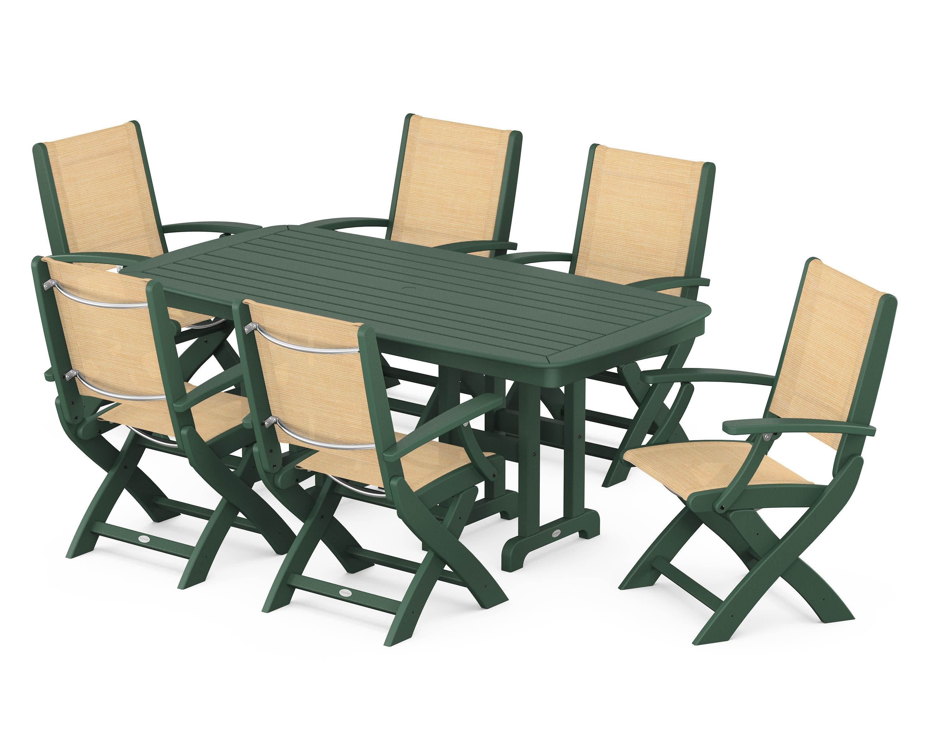 Coastal Folding Arm Chair 7-Piece Dining Set in Green / Dupioni Apricot Sling