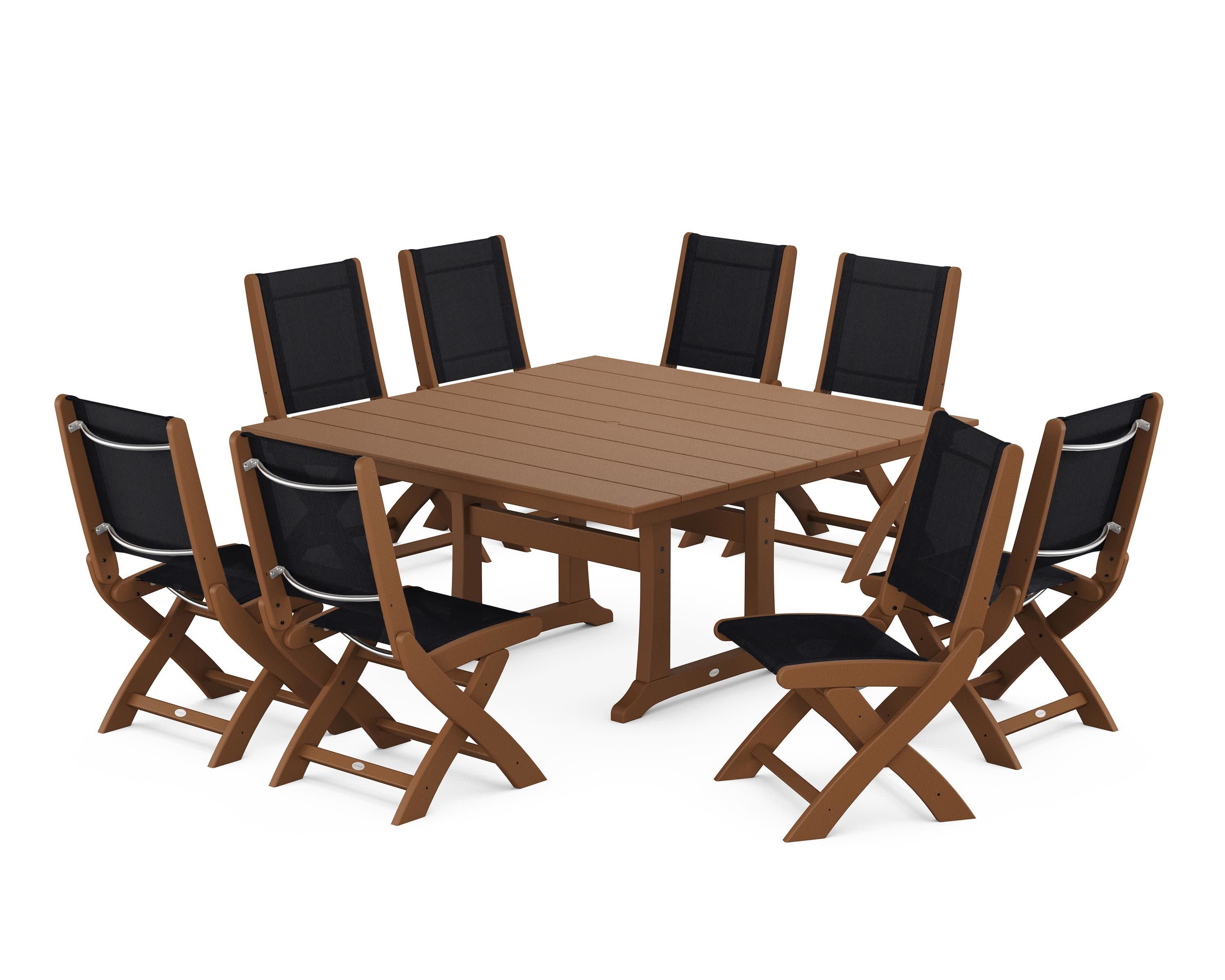 Coastal Folding Side Chair 9-Piece Farmhouse Dining Set in Teak / Black Sling