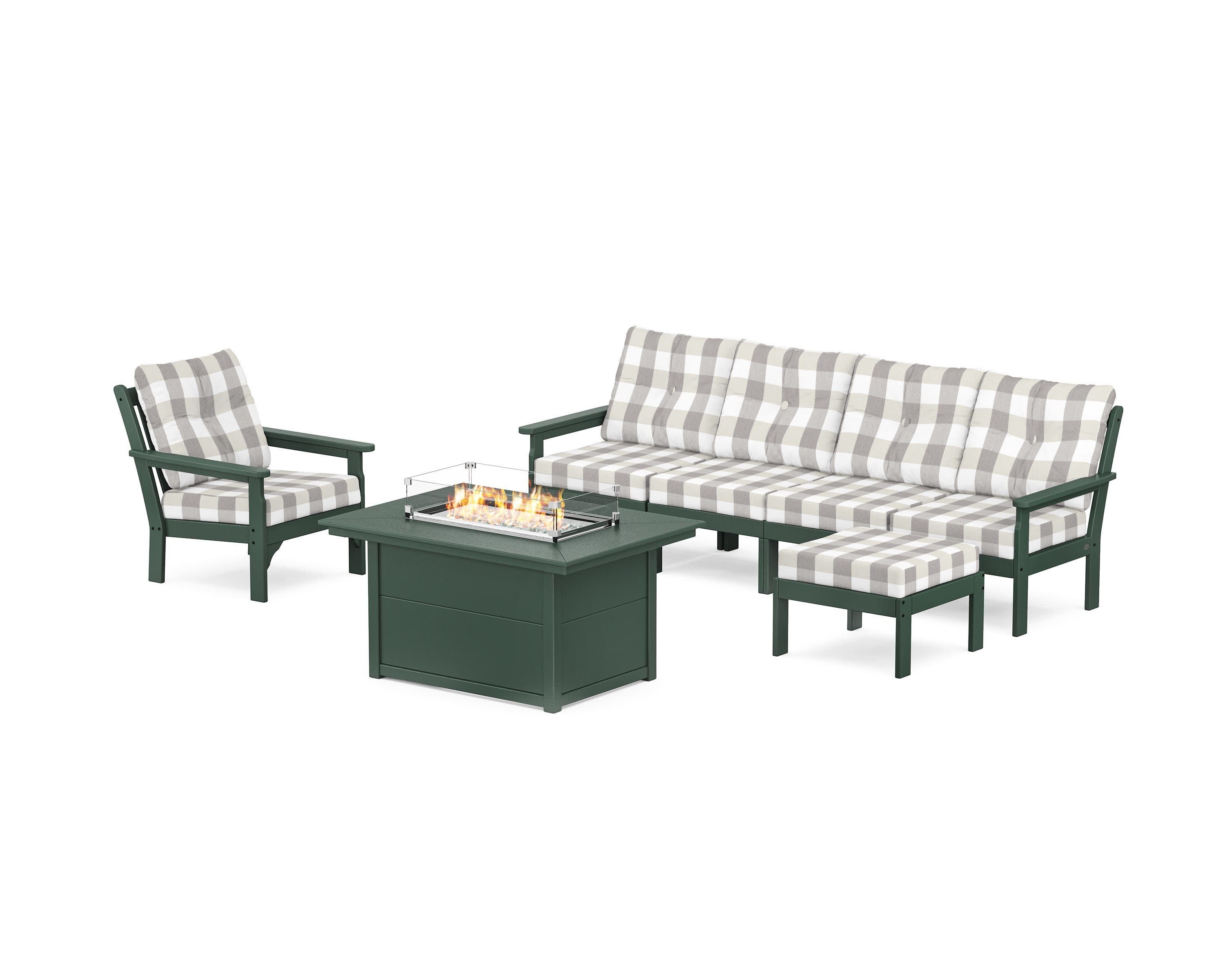 Vineyard Sectional Lounge and Fire Pit Set in Green / Buffalo Plaid Grey Mist