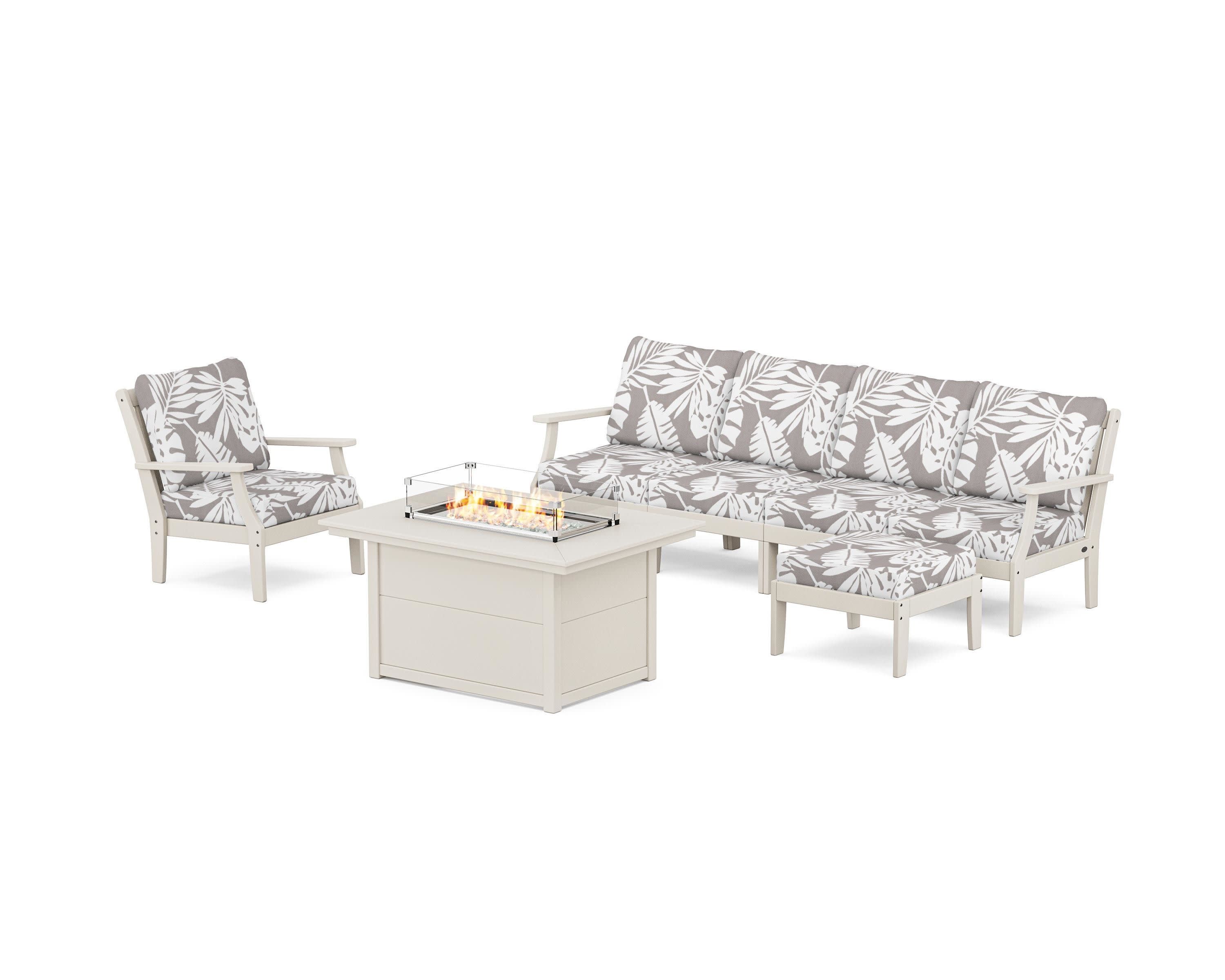 Braxton Sectional Lounge and Fire Pit Set in Sand / Leaf Grey Mist