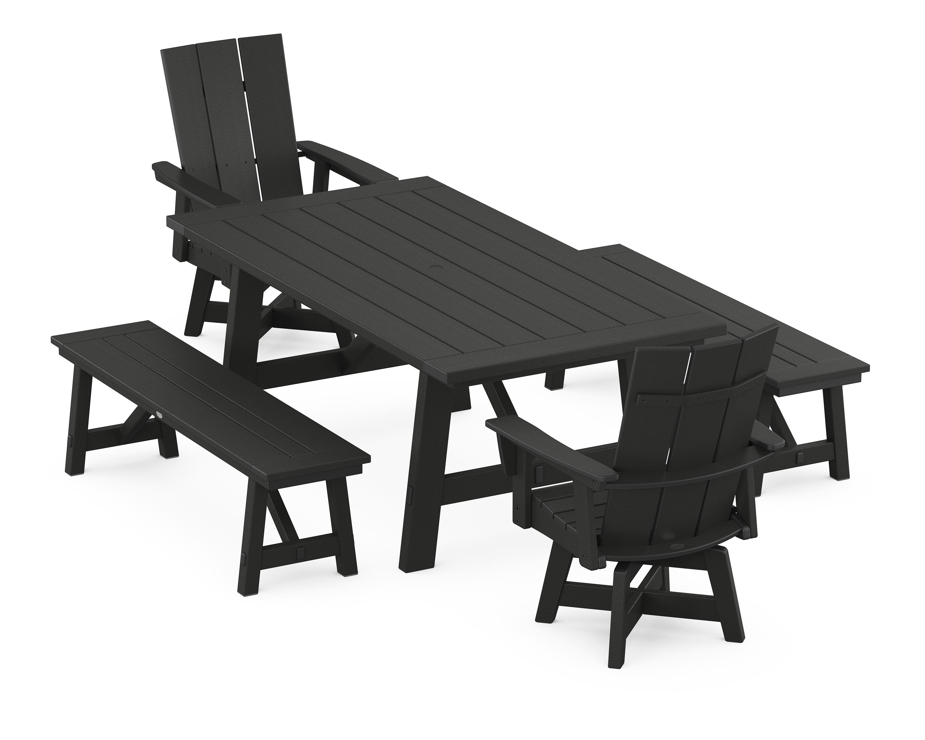 Modern Curveback Adirondack Swivel Chair 5-Piece Rustic Farmhouse Dining Set With Benches in Black
