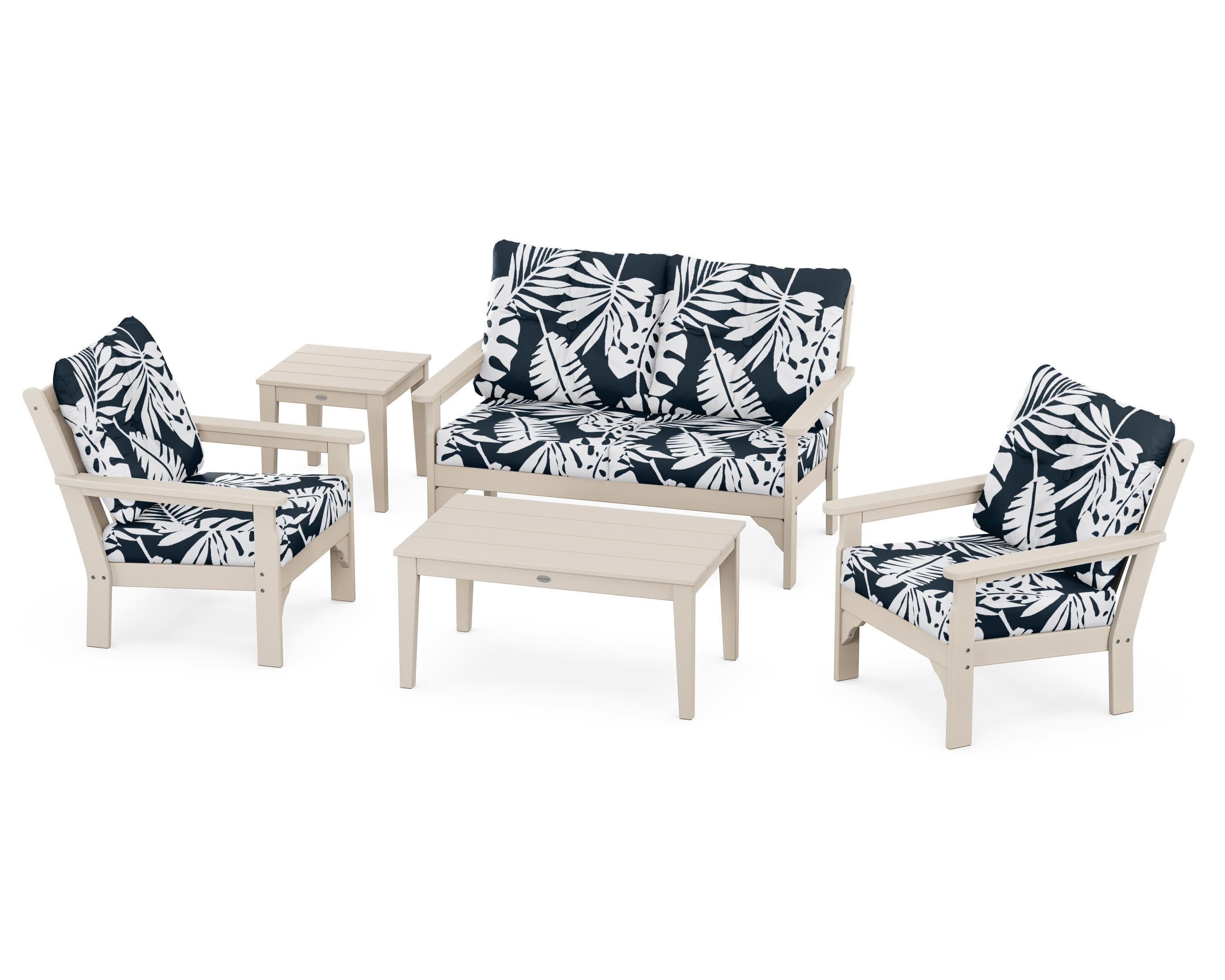Vineyard 5-Piece Deep Seating Set in Sand / Leaf Marine Indigo