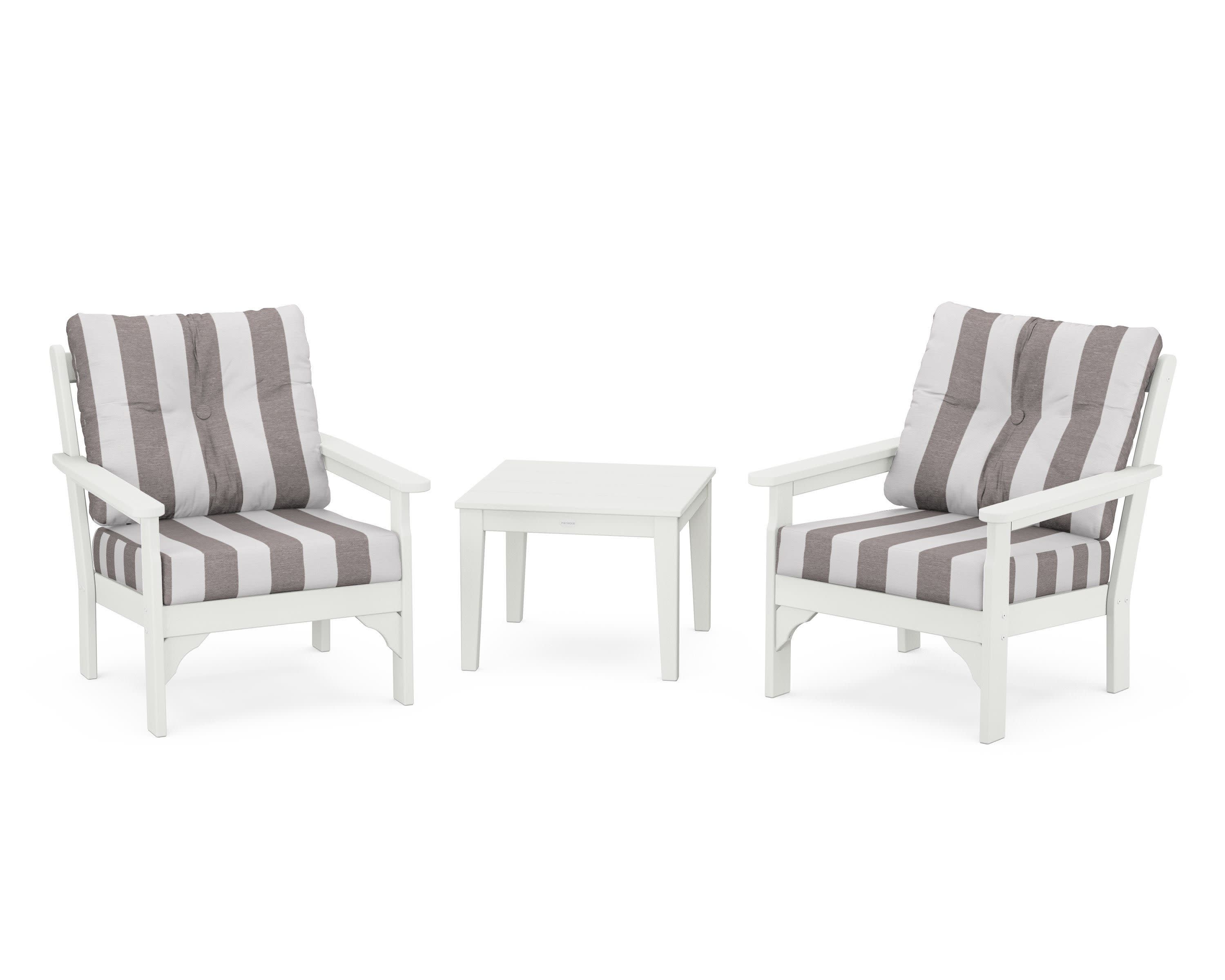 Vineyard 3-Piece Deep Seating Set in Vintage White / Cabana Stripe Grey Mist