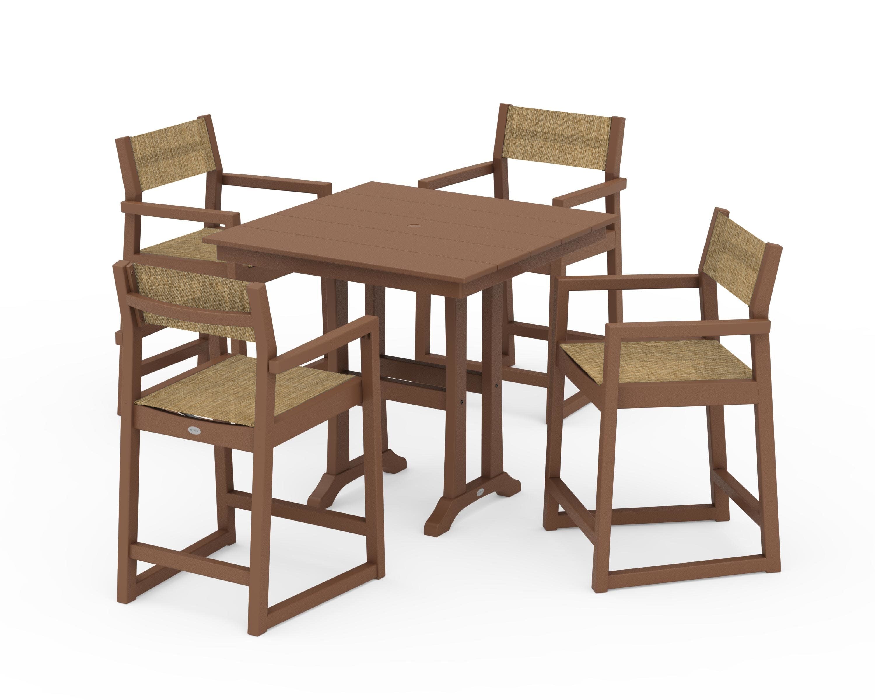 EDGE Sling Arm Chair 5-Piece Farmhouse Counter Set with Trestle Legs in Teak / Burlap Sling