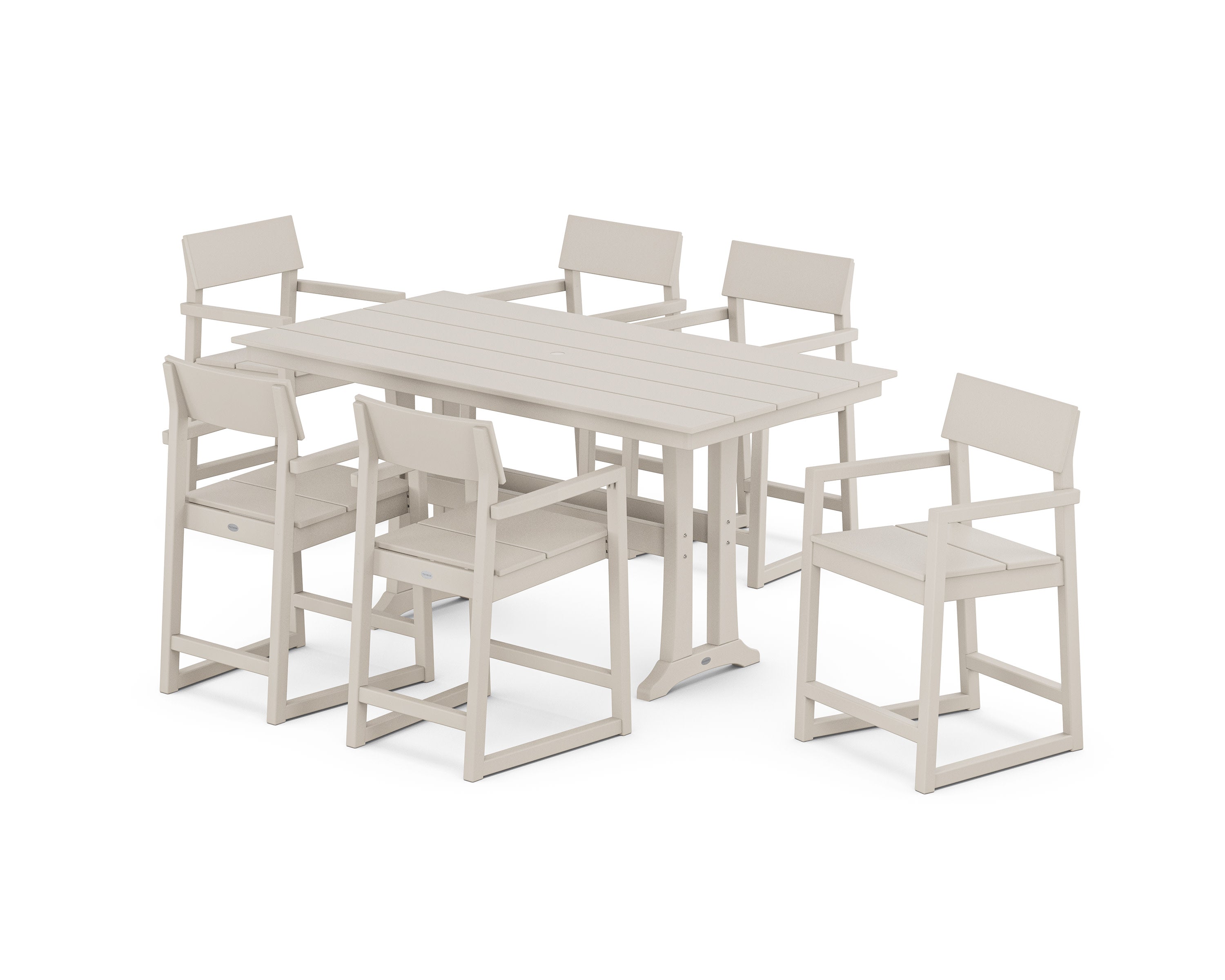 EDGE Arm Chair 7-Piece Farmhouse Counter Set with Trestle Legs in Sand