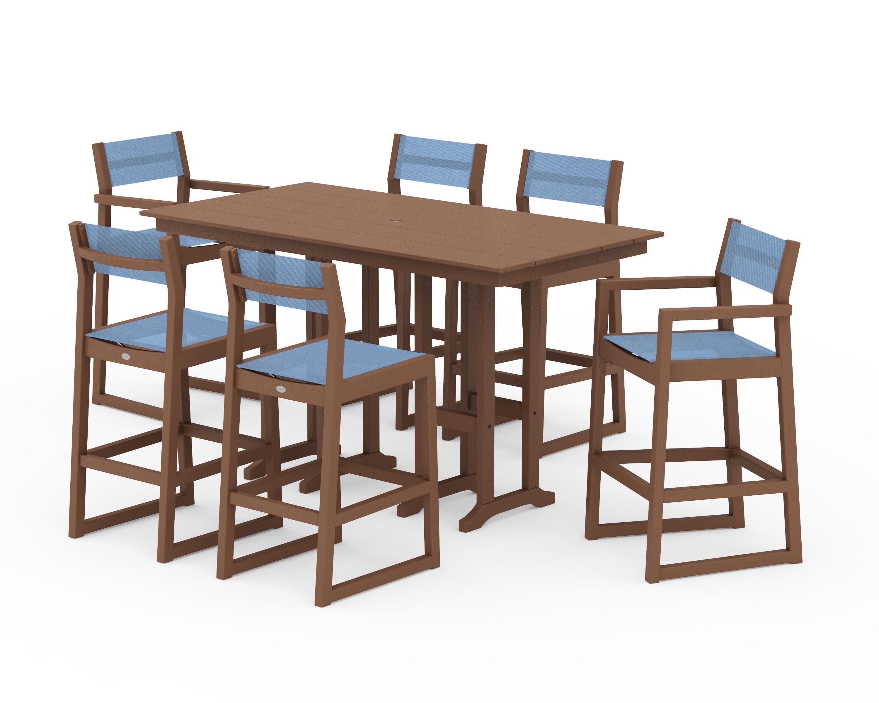 EDGE Sling 7-Piece Farmhouse Bar Set in Teak / Poolside Sling