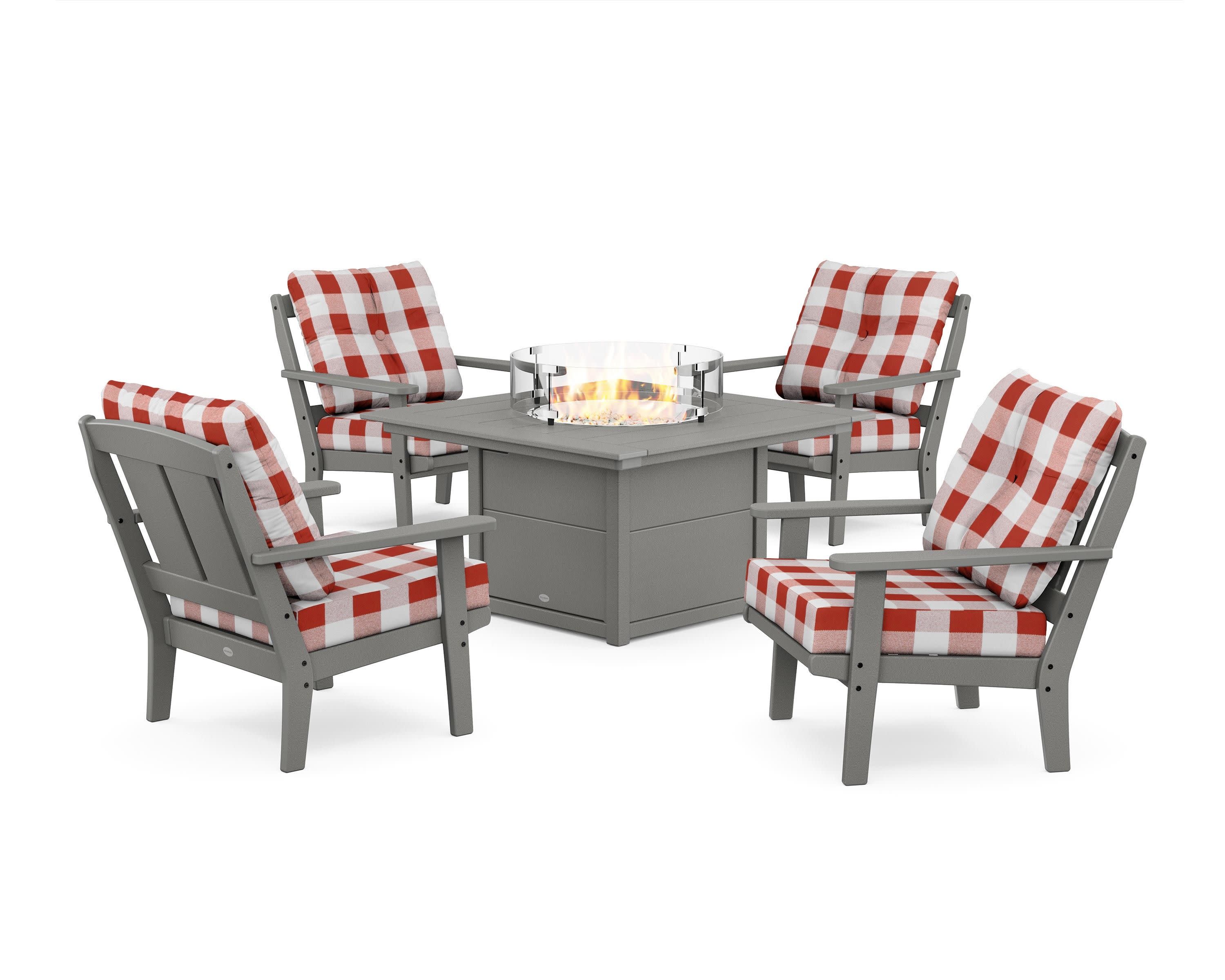 Mission 5-Piece Deep Seating Set with Fire Pit Table in Slate Grey / Buffalo Plaid Crimson