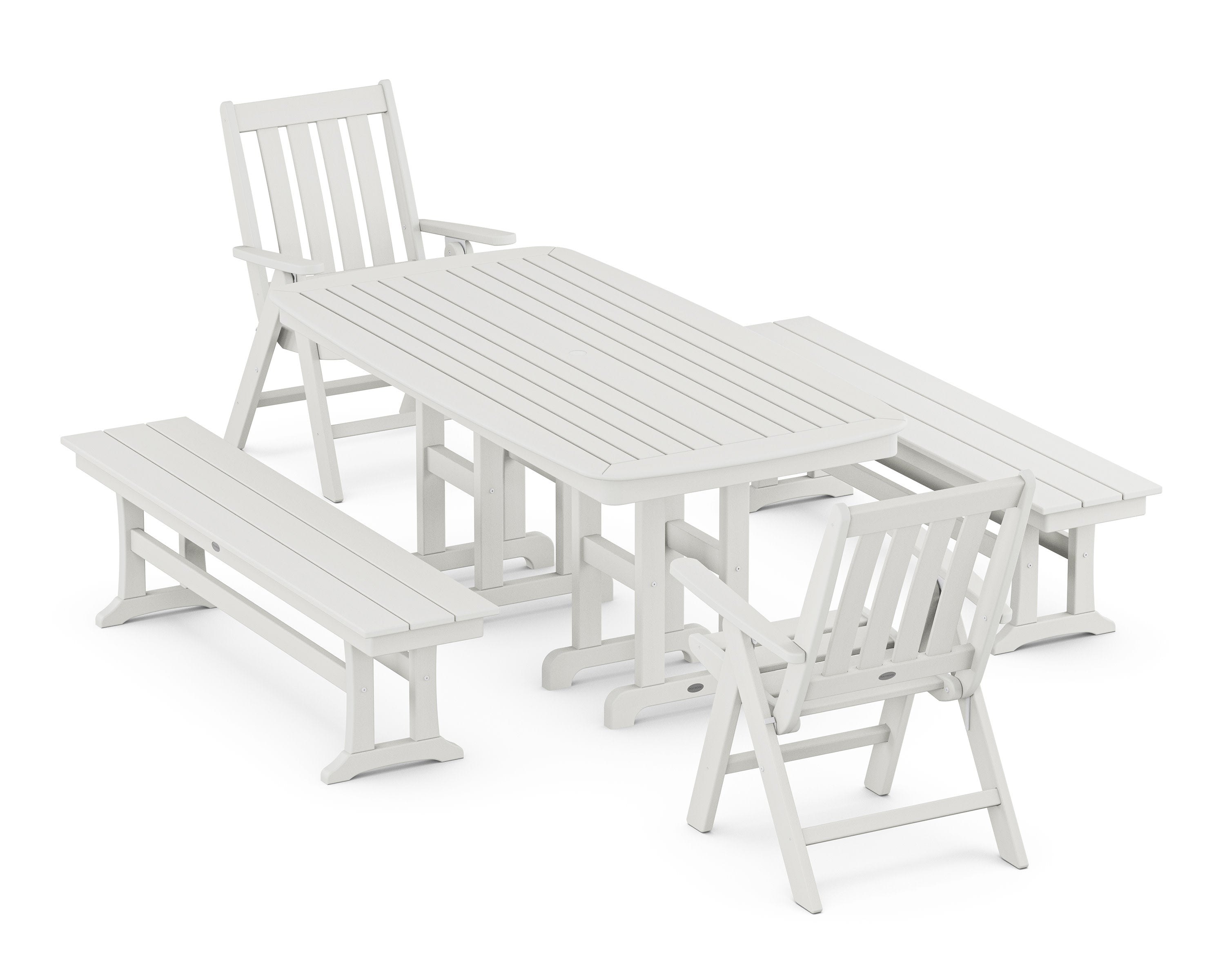 Vineyard Folding Chair 6-Piece Dining Set with Benches in Vintage White